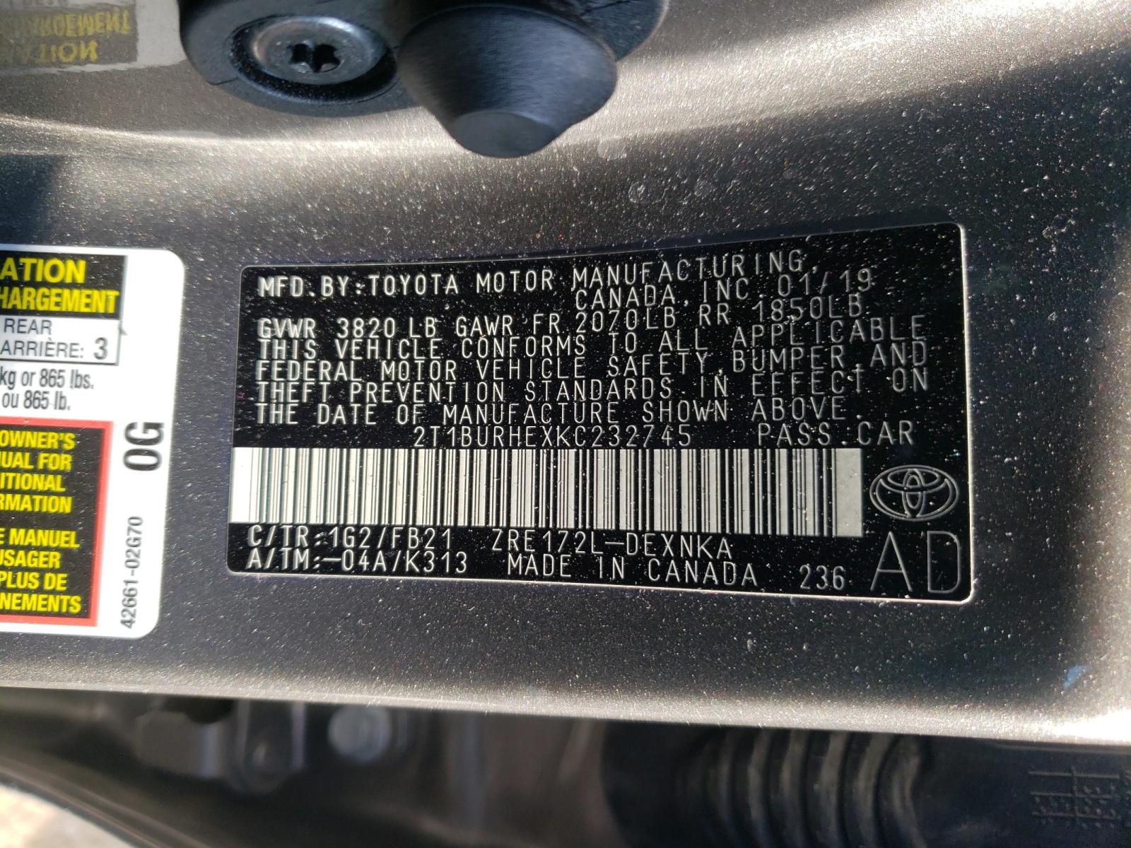 Photo 10 from auction – 2019 TOYOTA COROLLA L with VIN 2T1BURHEXKC232745