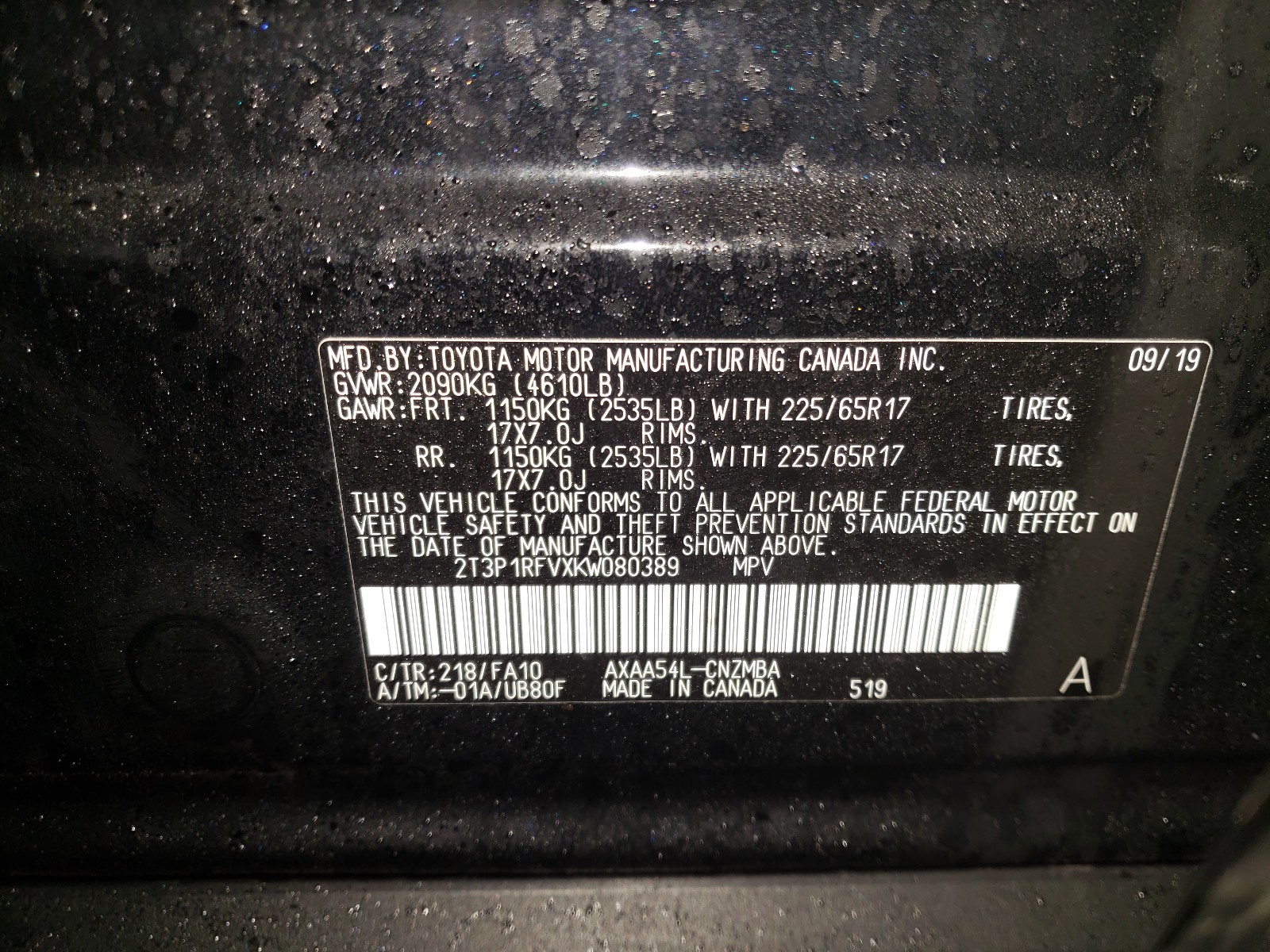 Photo 10 from auction – 2019 TOYOTA RAV4 XLE with VIN 2T3P1RFVXKW080389