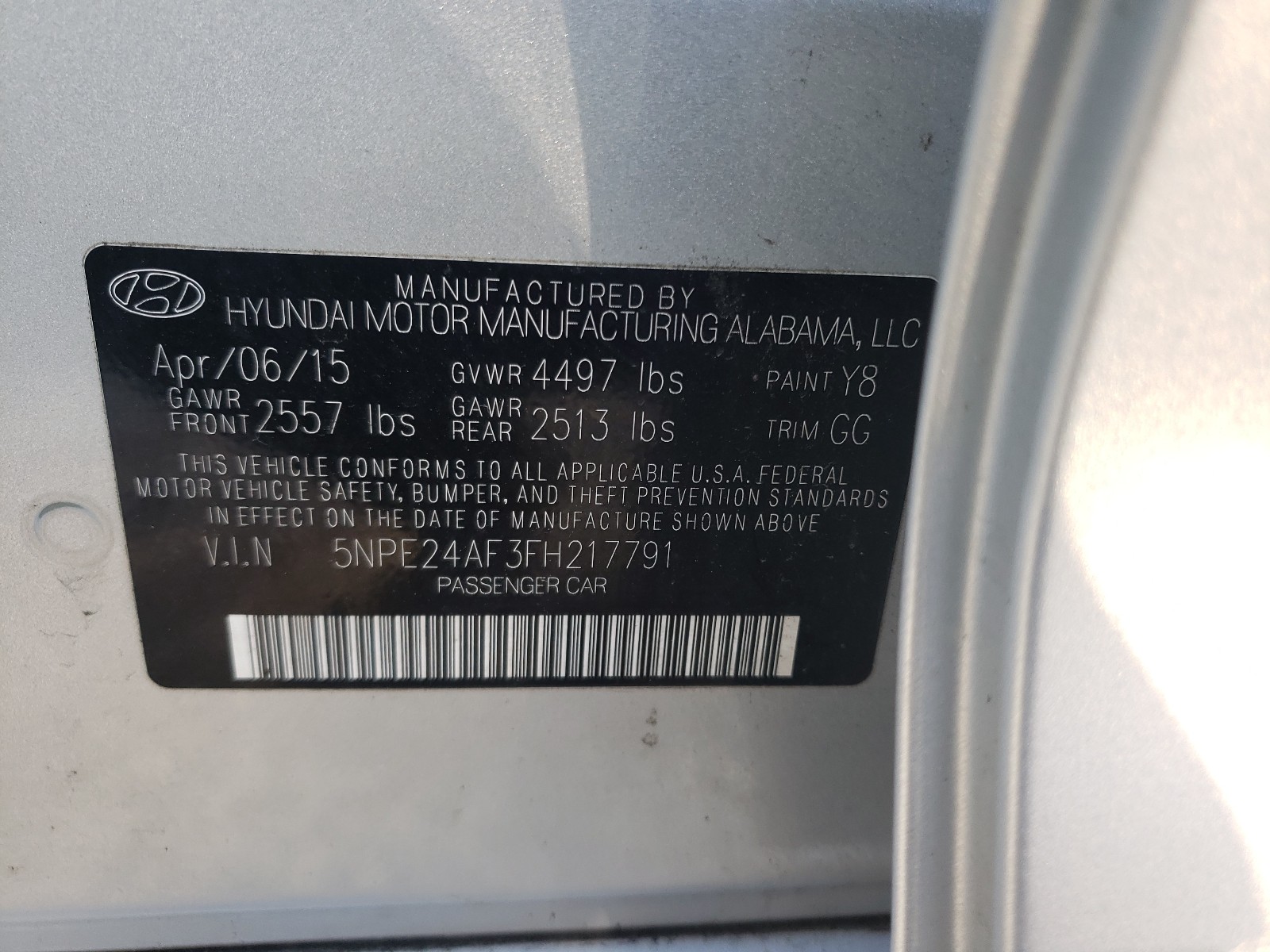Photo 10 from auction – 2015 HYUNDAI SONATA SE with VIN 5NPE24AF3FH217791