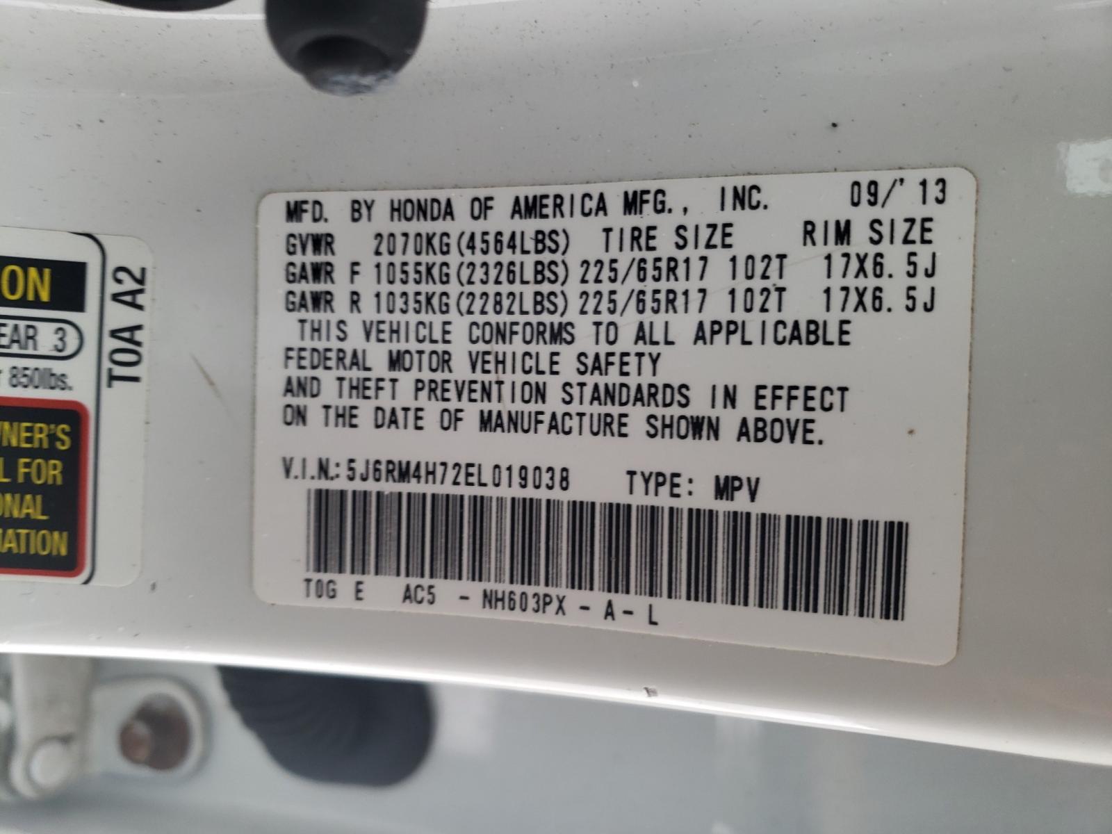 Photo 10 from auction – 2014 HONDA CR-V EXL with VIN 5J6RM4H72EL019038