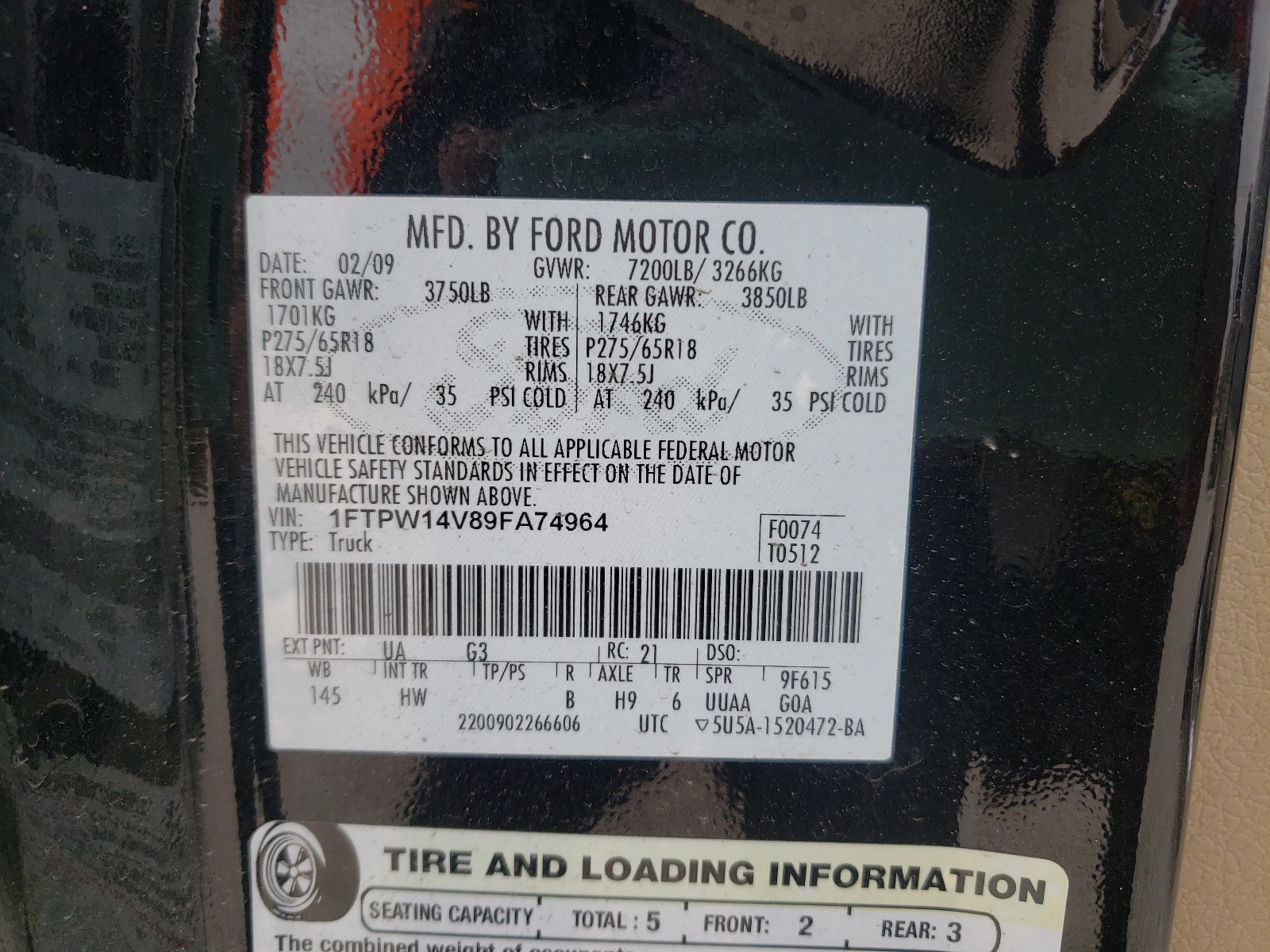 Photo 10 from auction – 2009 FORD F-150 with VIN 1FTPW14V89FA74964