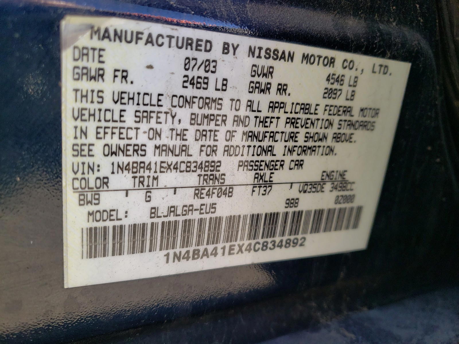 Photo 10 from auction – 2004 NISSAN MAXIMA SE with VIN 1N4BA41EX4C834892