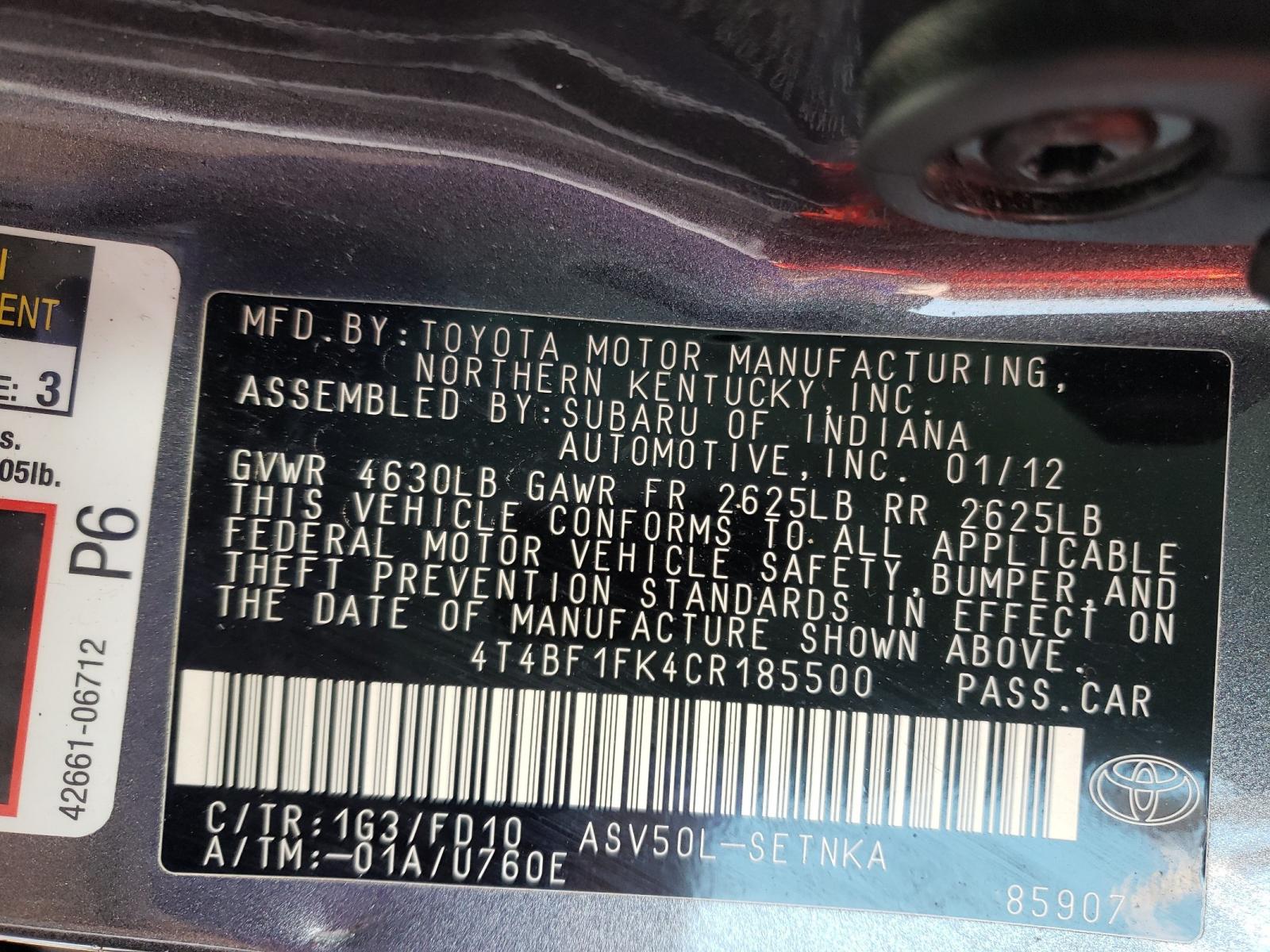 Photo 10 from auction – 2012 TOYOTA CAMRY BASE with VIN 4T4BF1FK4CR185500