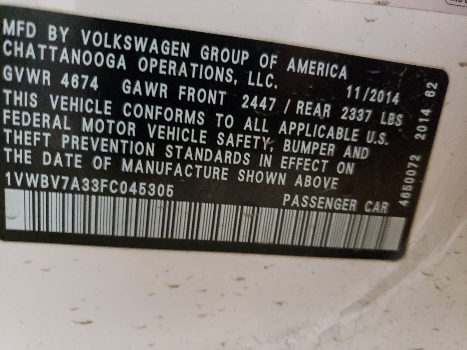 Photo 10 from auction – 2015 VOLKSWAGEN PASSAT SE with VIN 1VWBV7A33FC045305