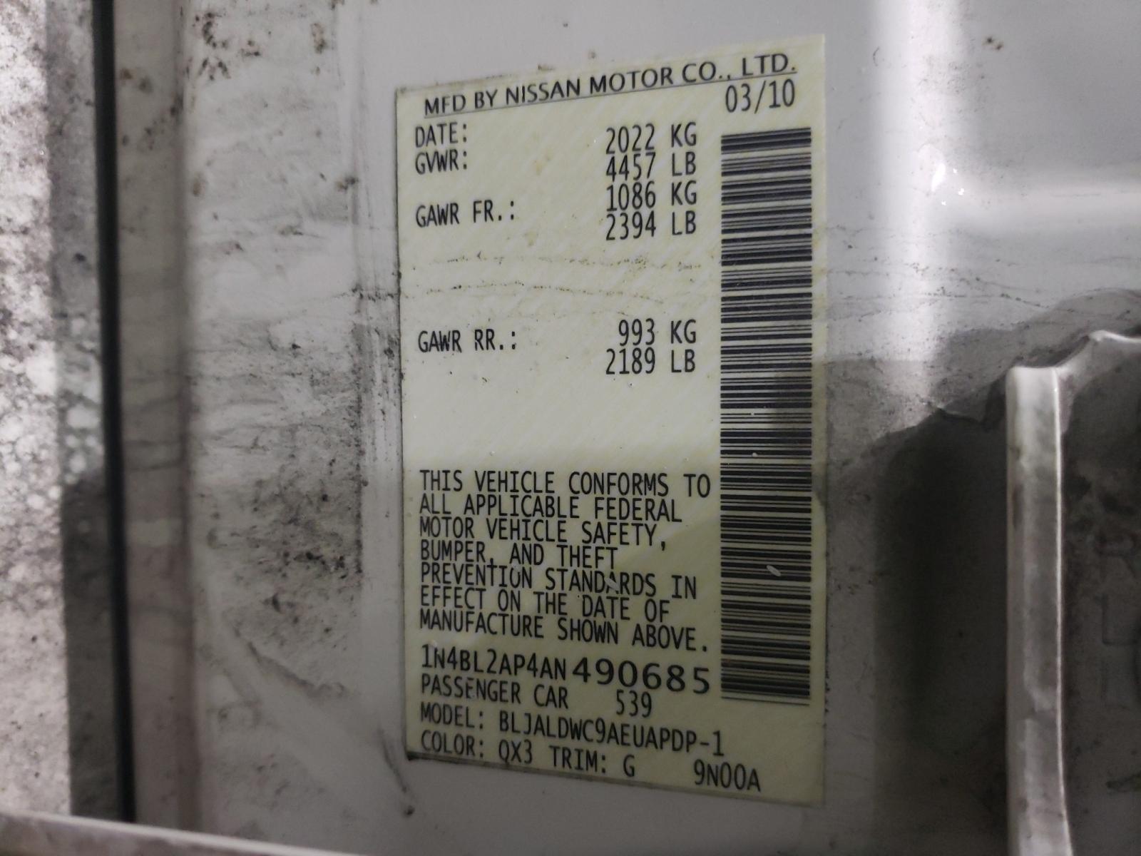 Photo 10 from auction – 2010 NISSAN ALTIMA SR with VIN 1N4BL2AP4AN490685