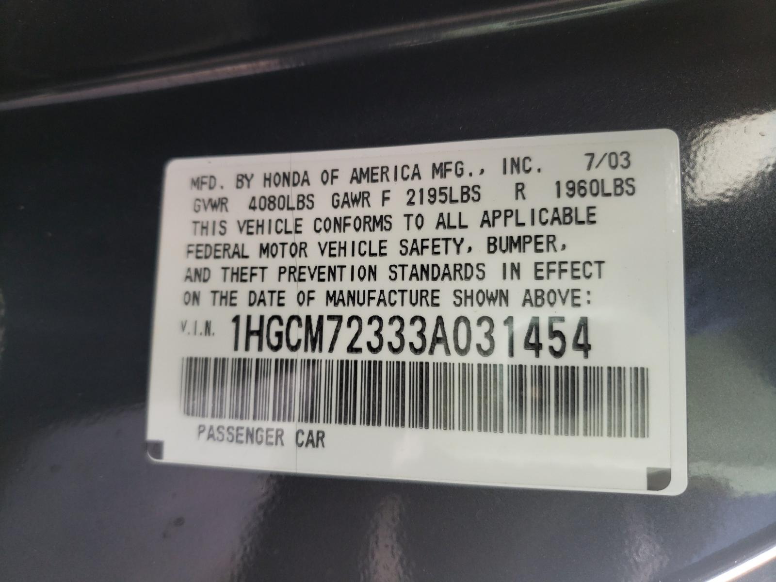 Photo 10 from auction – 2003 HONDA ACCORD with VIN 1HGCM72333A031454