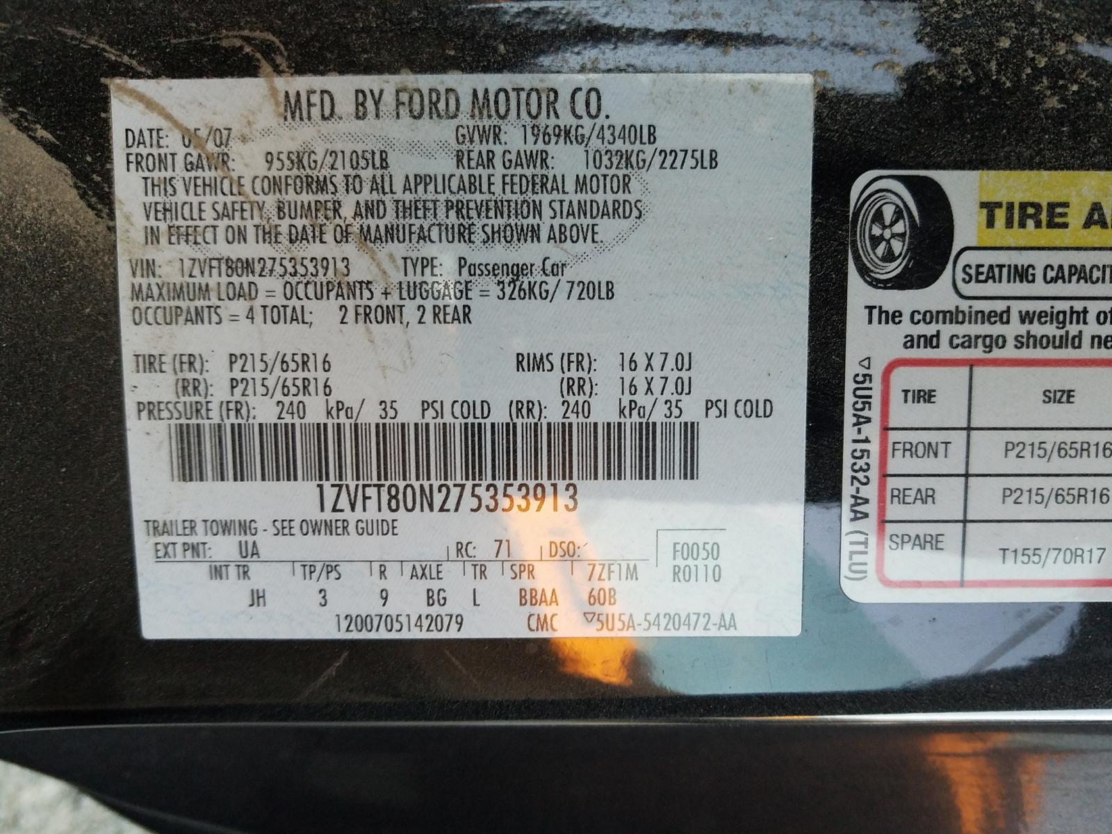Photo 10 from auction – 2007 FORD MUSTANG with VIN 1ZVFT80N275353913