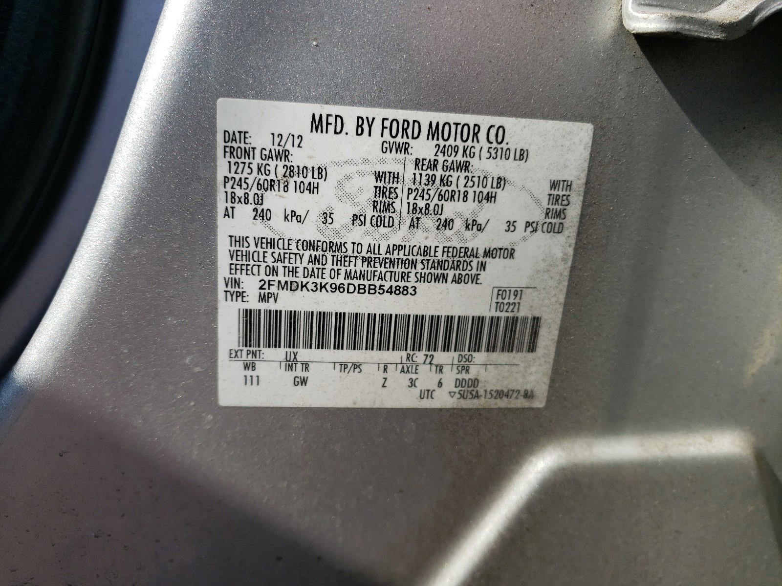 Photo 10 from auction – 2013 FORD EDGE LIMIT with VIN 2FMDK3K96DBB54883