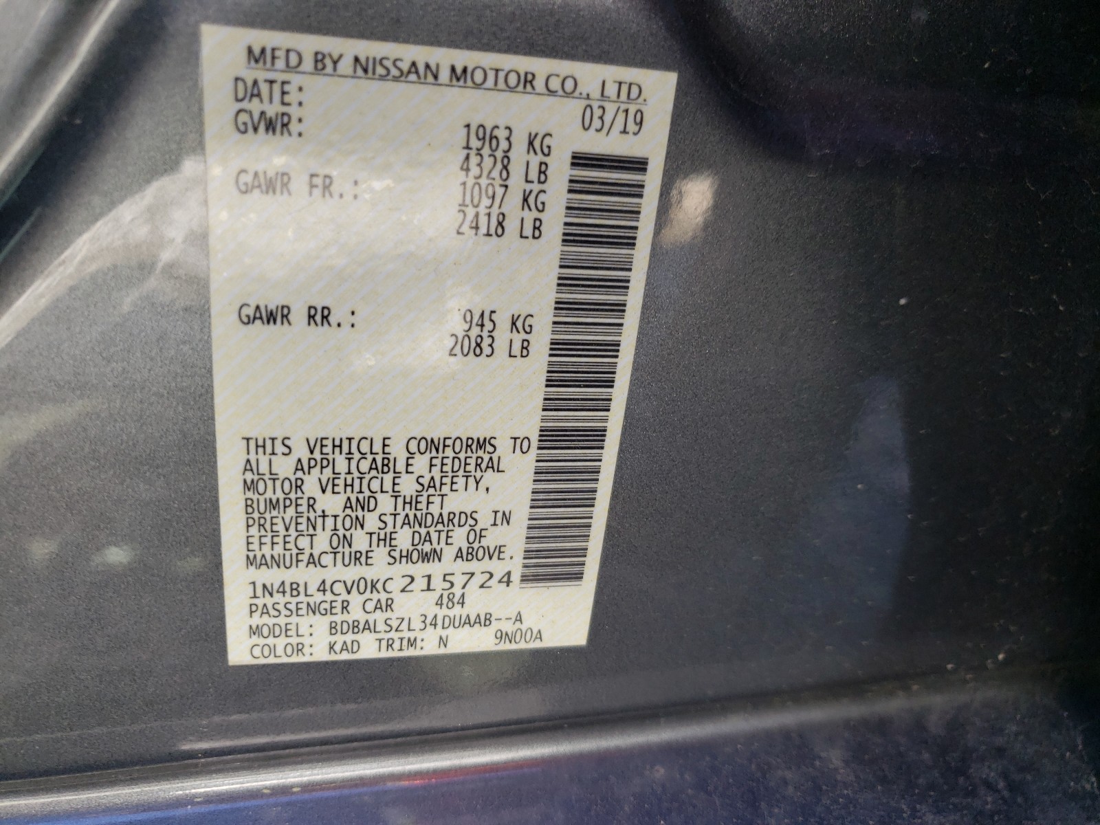 Photo 10 from auction – 2019 NISSAN ALTIMA SR with VIN 1N4BL4CV0KC215724