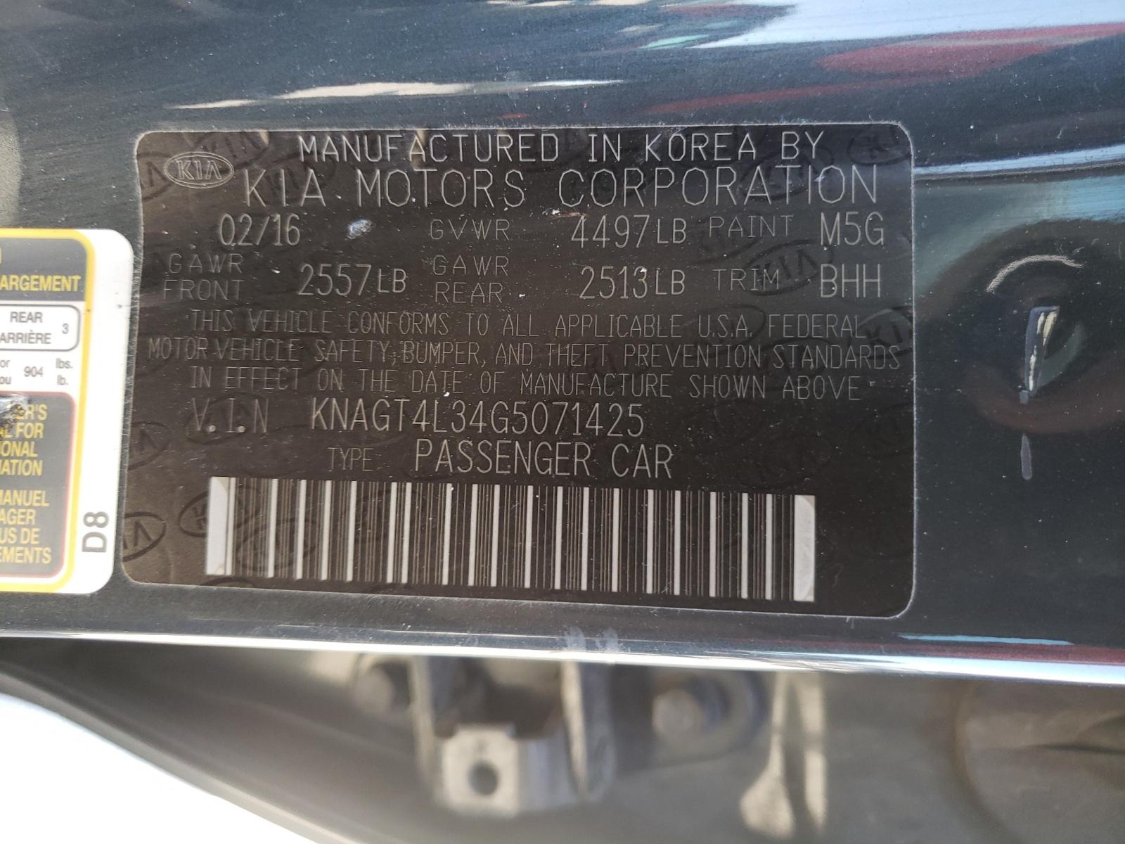 Photo 10 from auction – 2016 KIA OPTIMA LX with VIN KNAGT4L34G5071425