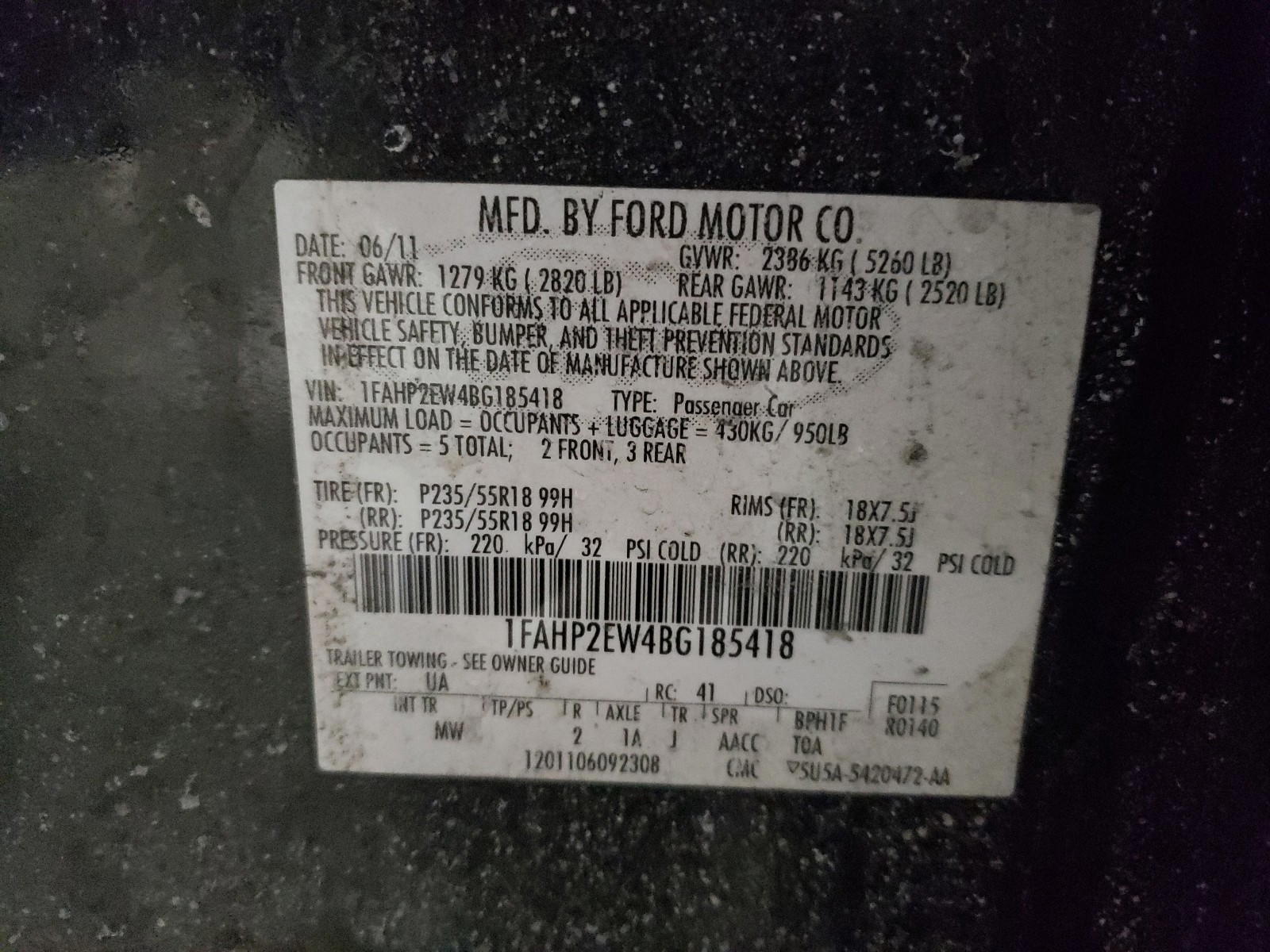 Photo 10 from auction – 2011 FORD TAURUS SEL with VIN 1FAHP2EW4BG185418