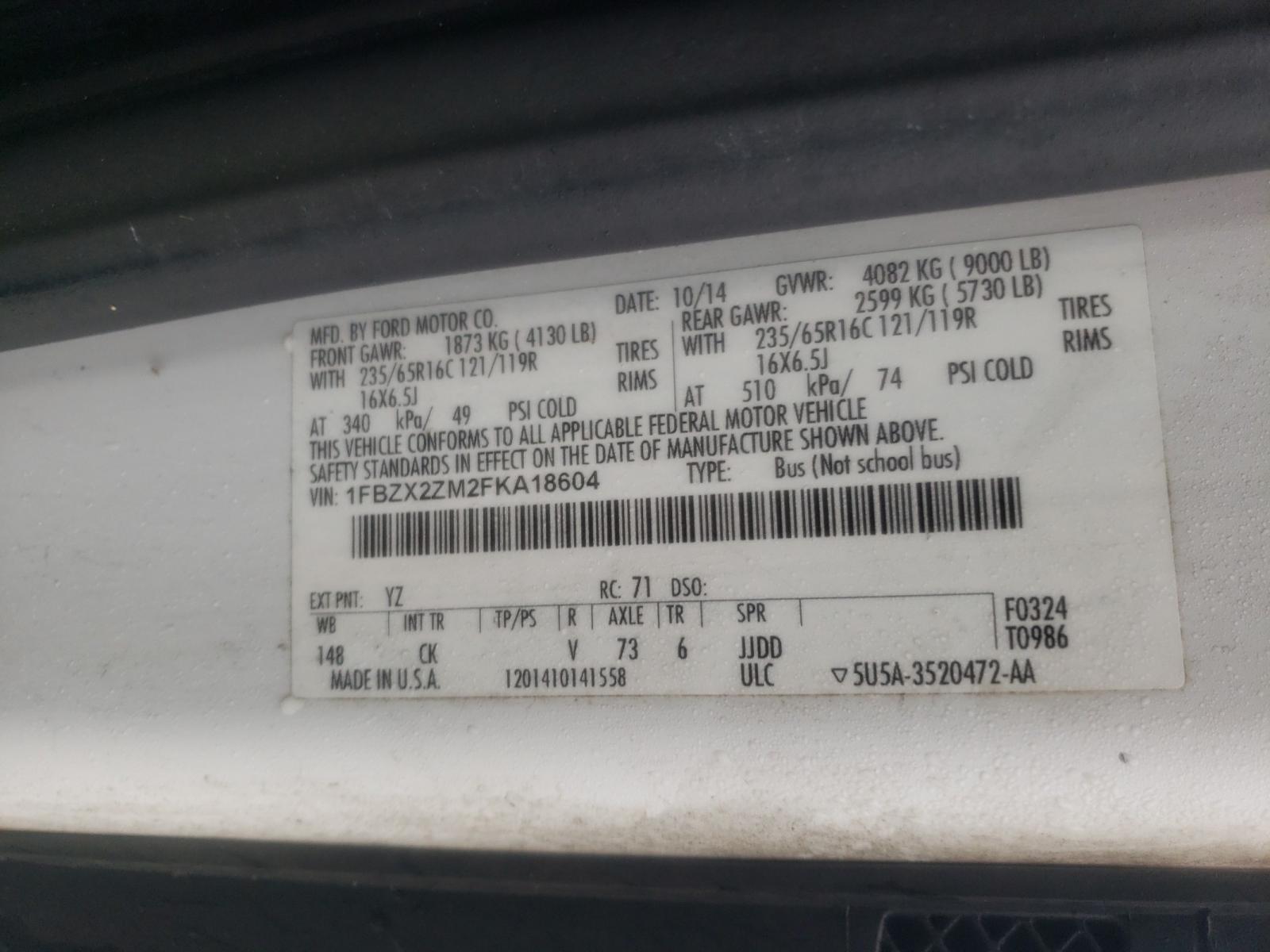 Photo 10 from auction – 2015 FORD TRANSIT T- with VIN 1FBZX2ZM2FKA18604