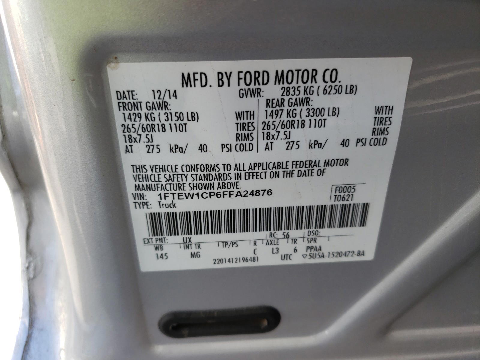 Photo 10 from auction – 2015 FORD F150 SUPER with VIN 1FTEW1CP6FFA24876