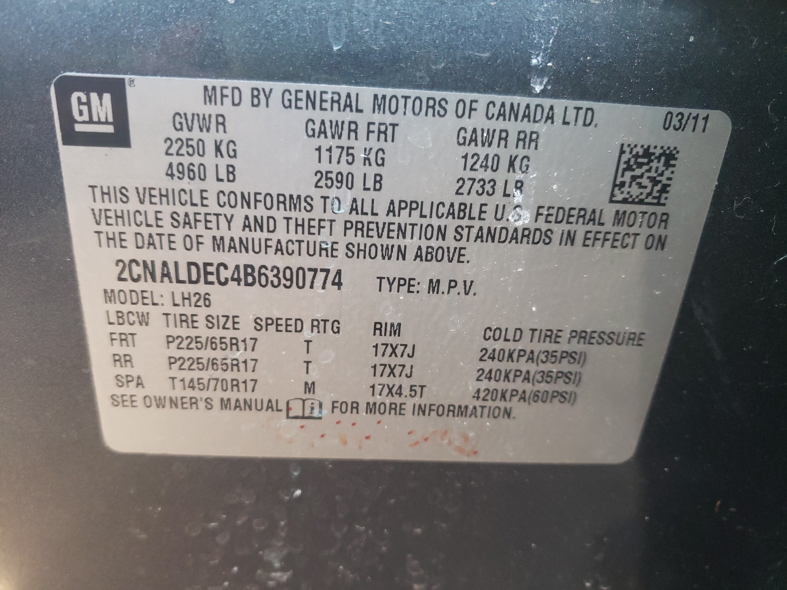 Photo 10 from auction – 2011 CHEVROLET EQUINOX LT with VIN 2CNALDEC4B6390774