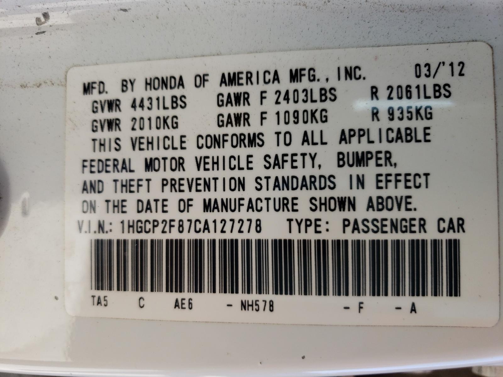 Photo 10 from auction – 2012 HONDA ACCORD EXL with VIN 1HGCP2F87CA127278