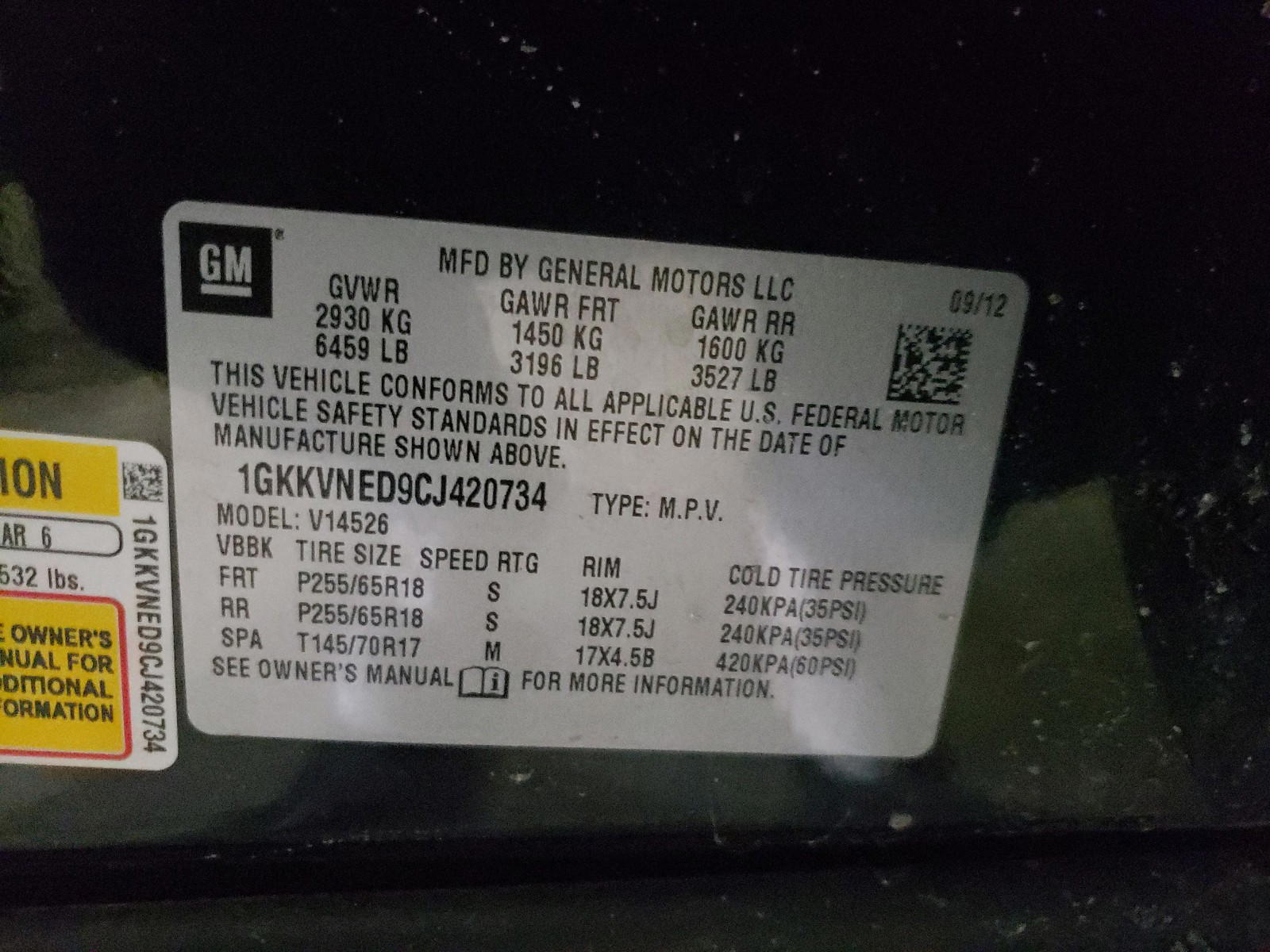 Photo 10 from auction – 2012 GMC ACADIA SLE with VIN 1GKKVNED9CJ420734