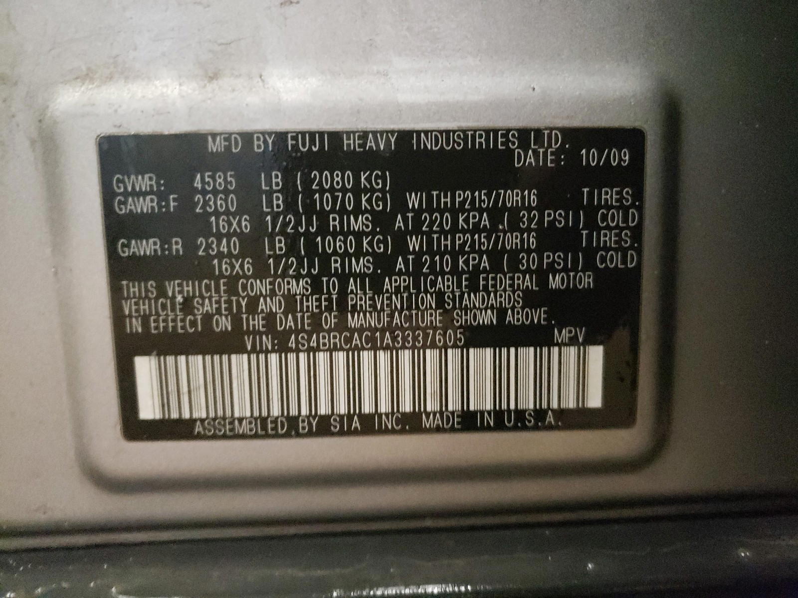 Photo 10 from auction – 2010 SUBARU OUTBACK 2. with VIN 4S4BRCAC1A3337605