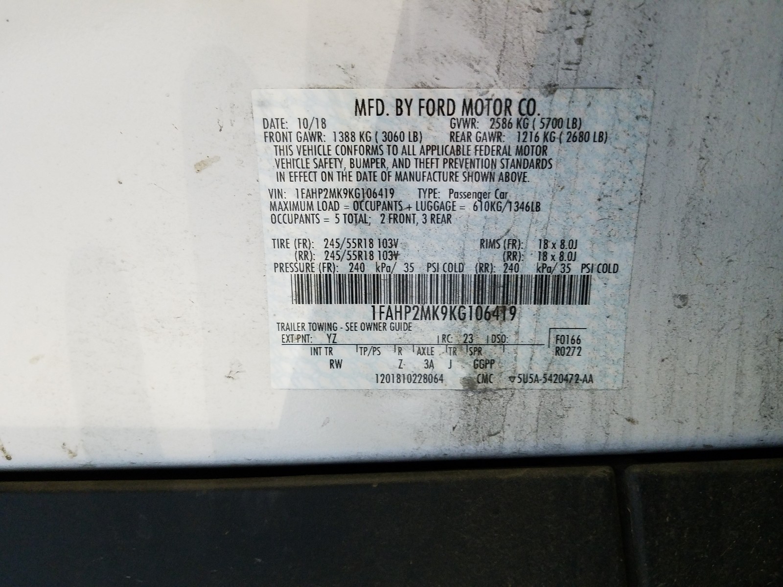 Photo 10 from auction – 2019 FORD TAURUS POL with VIN 1FAHP2MK9KG106419