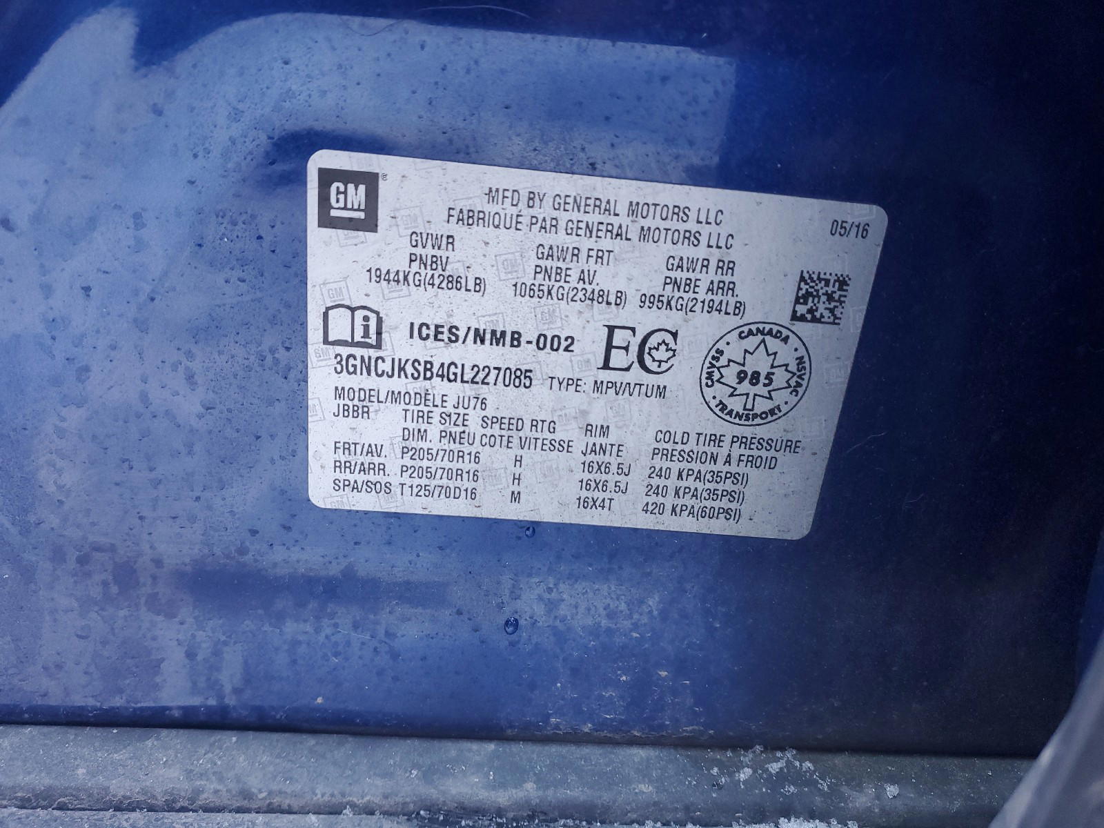 Photo 10 from auction – 2016 CHEVROLET TRAX LS with VIN 3GNCJKSB4GL227085