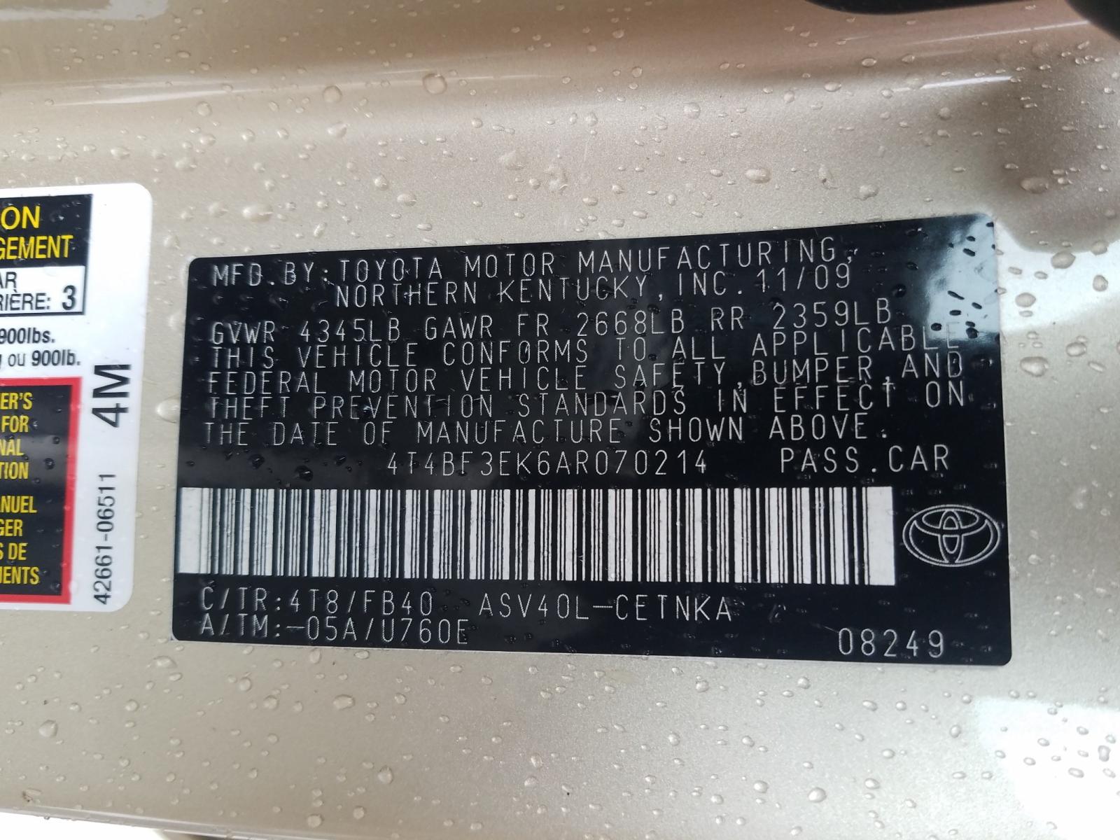 Photo 10 from auction – 2010 TOYOTA CAMRY BASE with VIN 4T4BF3EK6AR070214