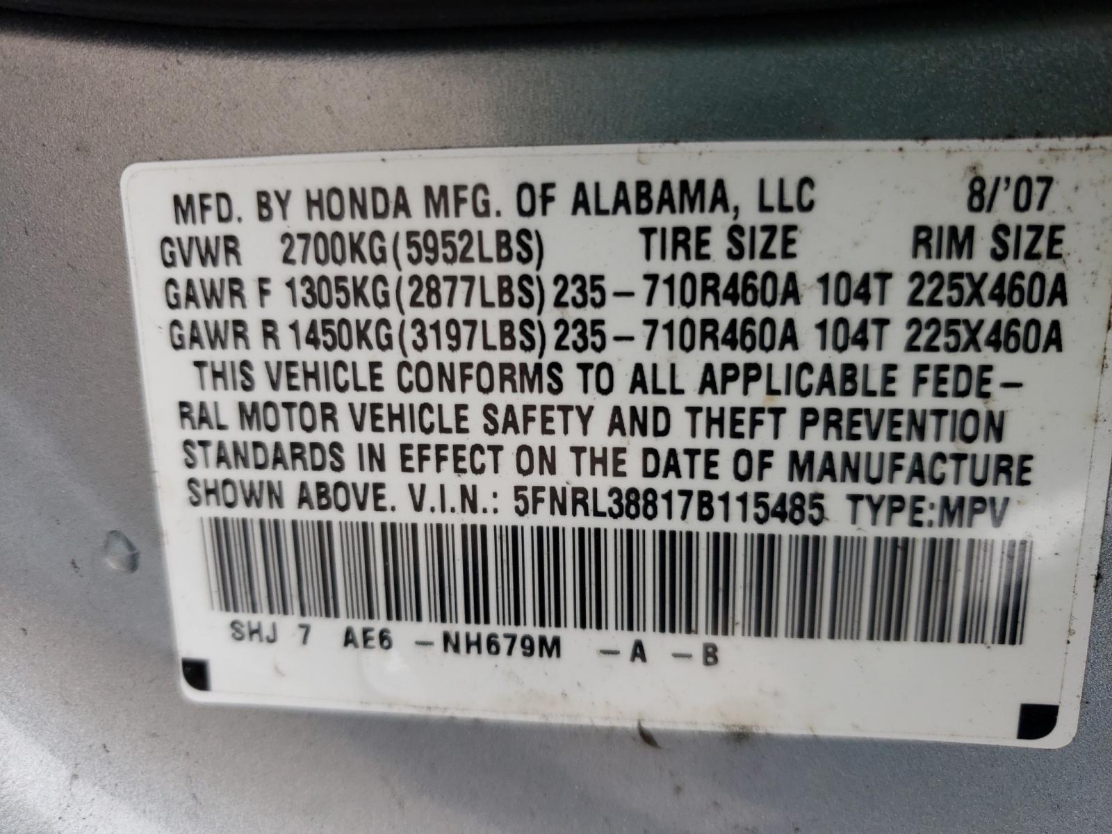 Photo 10 from auction – 2007 HONDA ODYSSEY TO with VIN 5FNRL38817B115485
