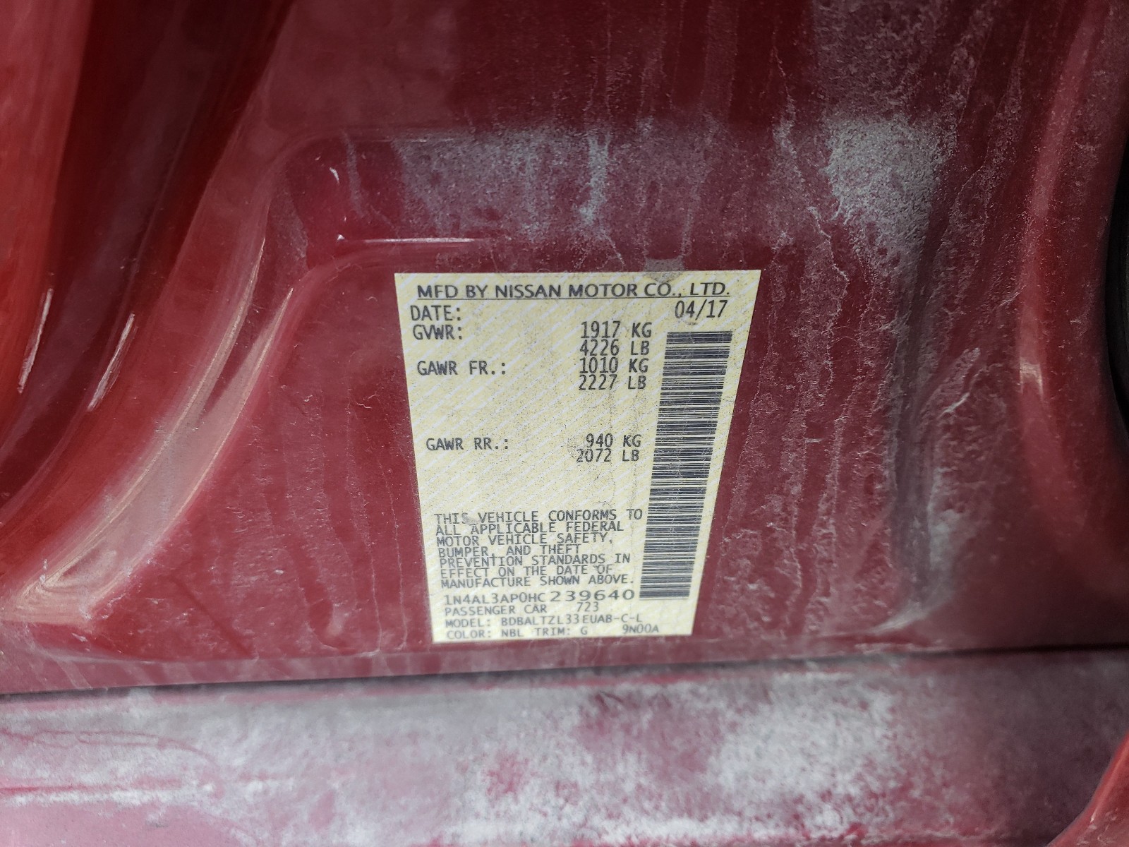 Photo 10 from auction – 2017 NISSAN ALTIMA 2.5 with VIN 1N4AL3AP0HC239640