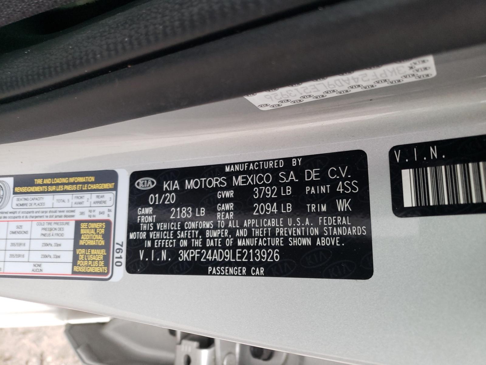 Photo 10 from auction – 2020 KIA FORTE FE with VIN 3KPF24AD9LE213926