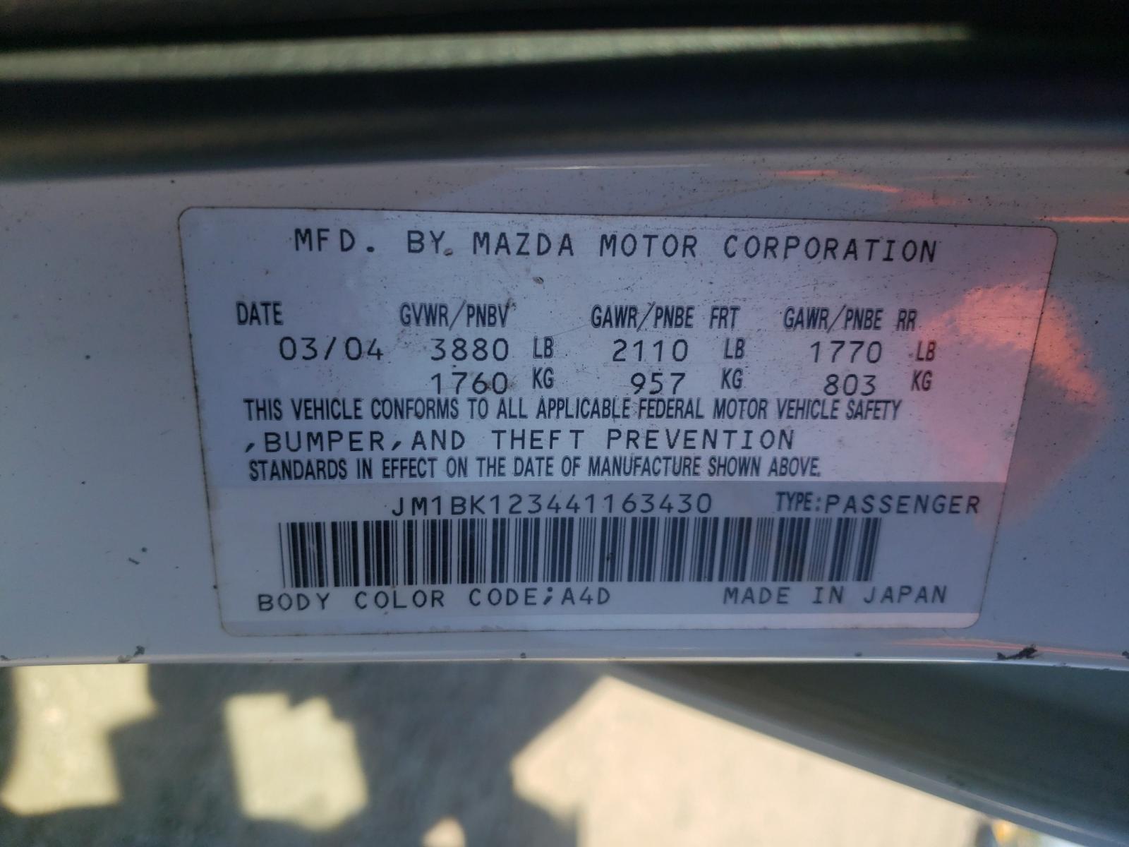 Photo 10 from auction – 2004 MAZDA 3 S with VIN JM1BK123441163430