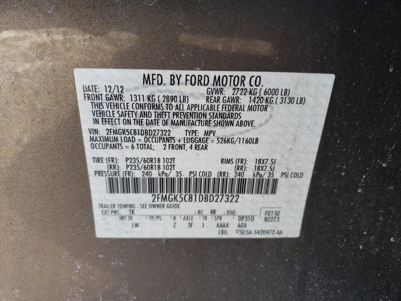 Photo 10 from auction – 2013 FORD FLEX SEL with VIN 2FMGK5C81DBD27322