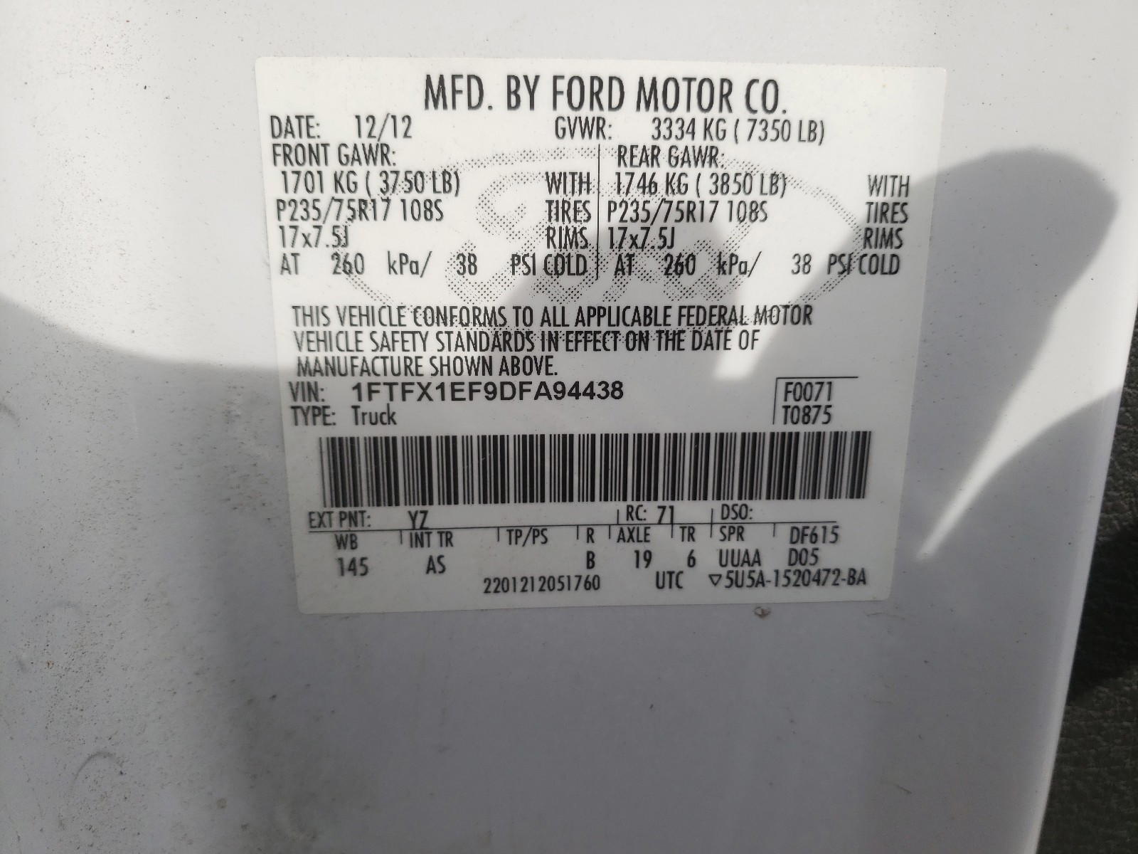 Photo 10 from auction – 2013 FORD F-150 with VIN 1FTFX1EF9DFA94438