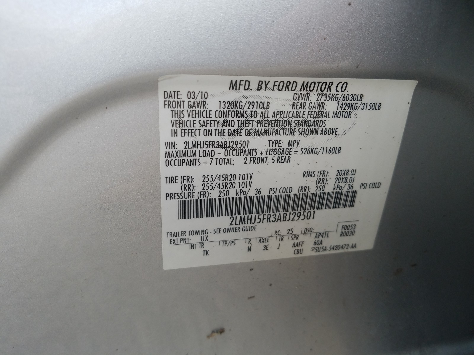 Photo 10 from auction – 2010 LINCOLN MKT with VIN 2LMHJ5FR3ABJ29501