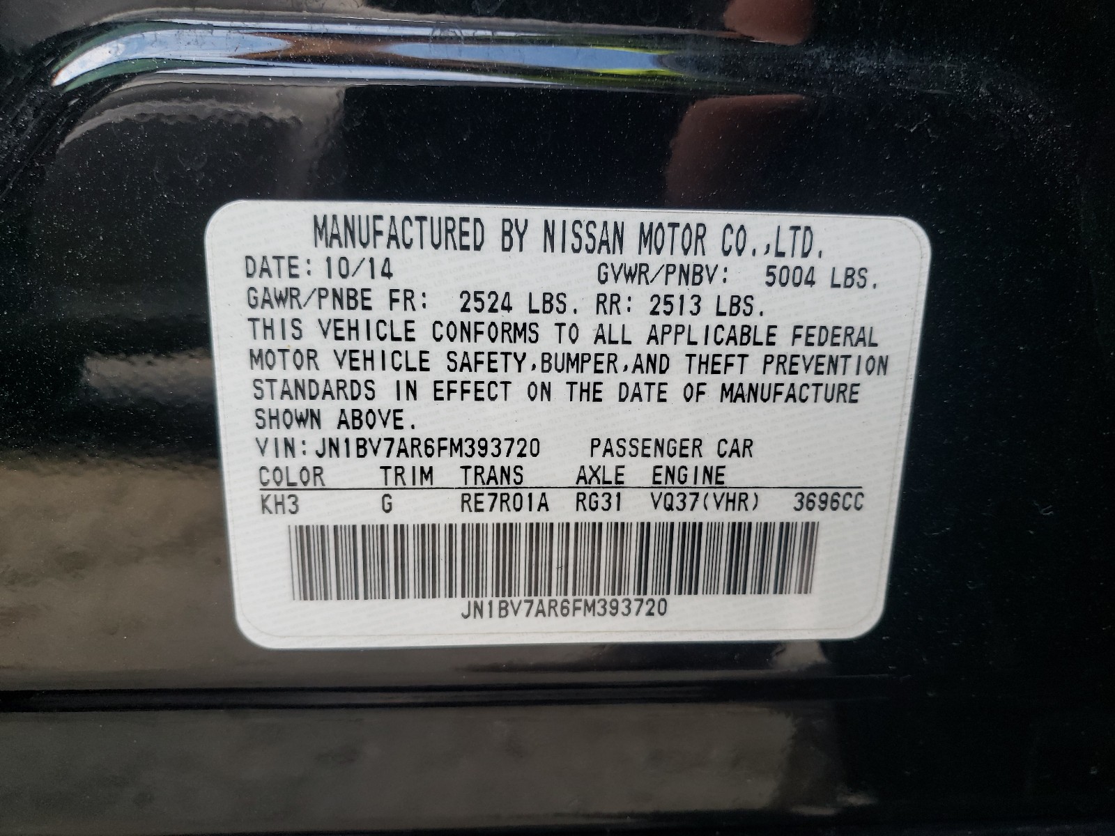 Photo 10 from auction – 2015 INFINITI Q50 BASE with VIN JN1BV7AR6FM393720