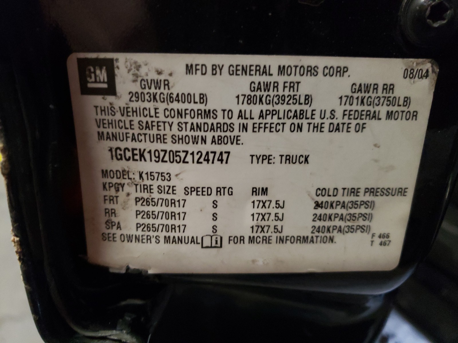 Photo 10 from auction – 2005 CHEVROLET SILVERADO with VIN 1GCEK19Z05Z124747