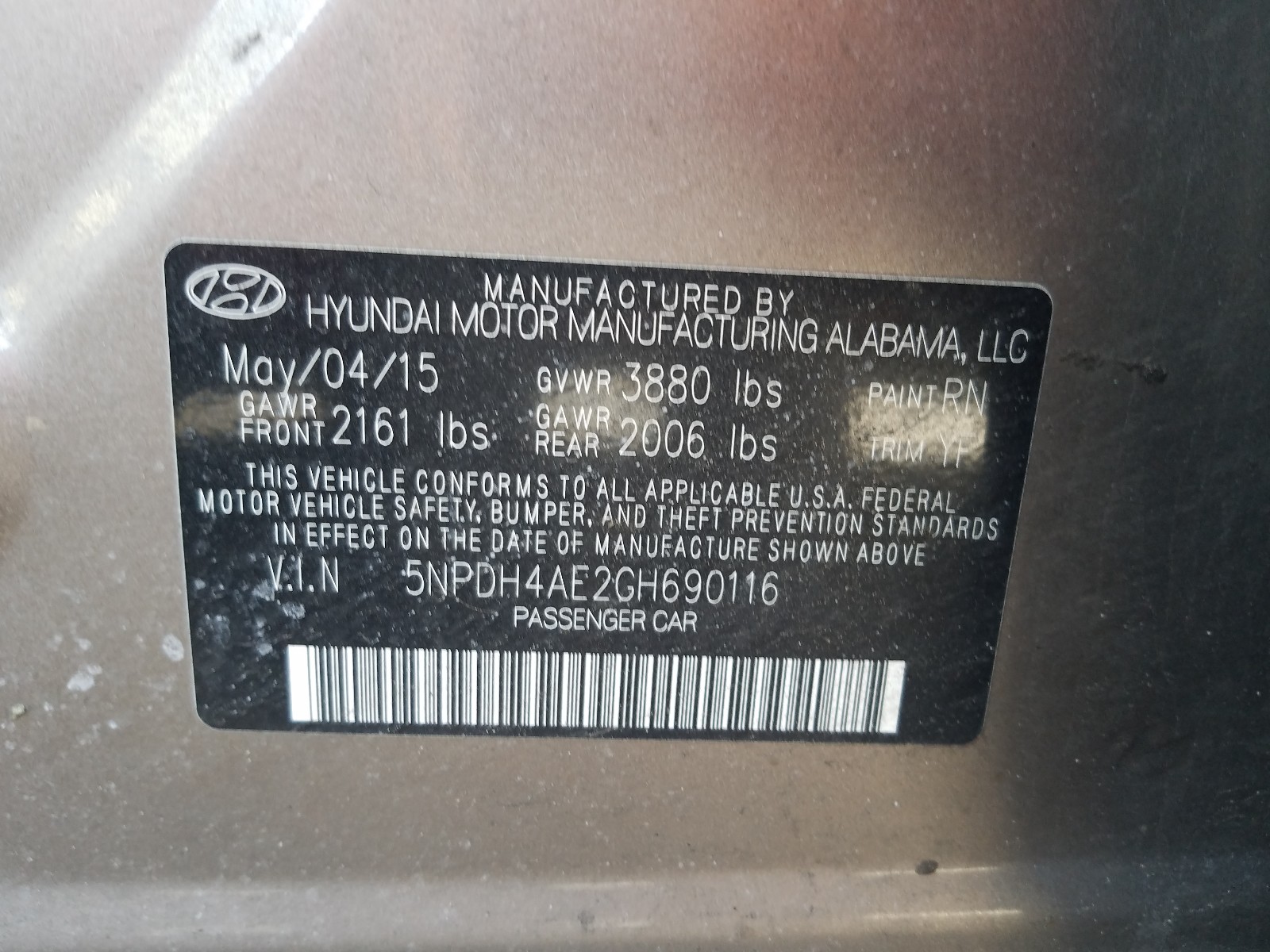 Photo 10 from auction – 2016 HYUNDAI ELANTRA SE with VIN 5NPDH4AE2GH690116