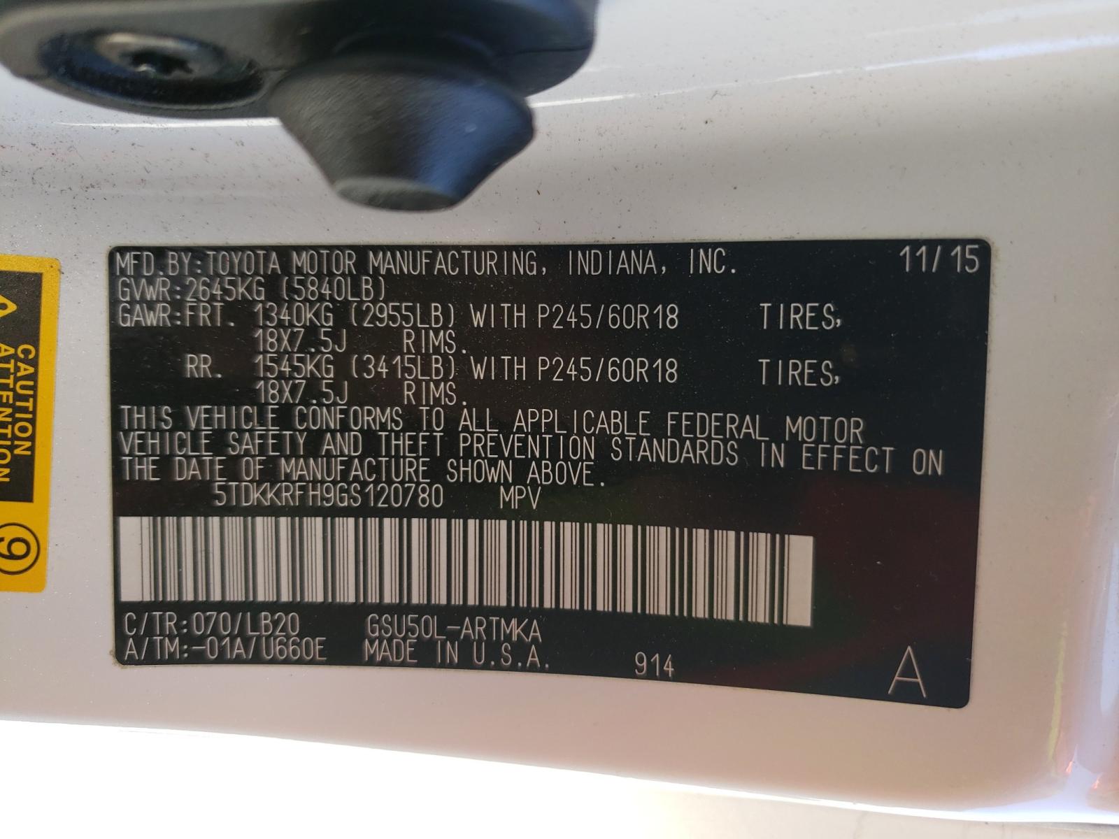 Photo 10 from auction – 2016 TOYOTA HIGHLANDER with VIN 5TDKKRFH9GS120780