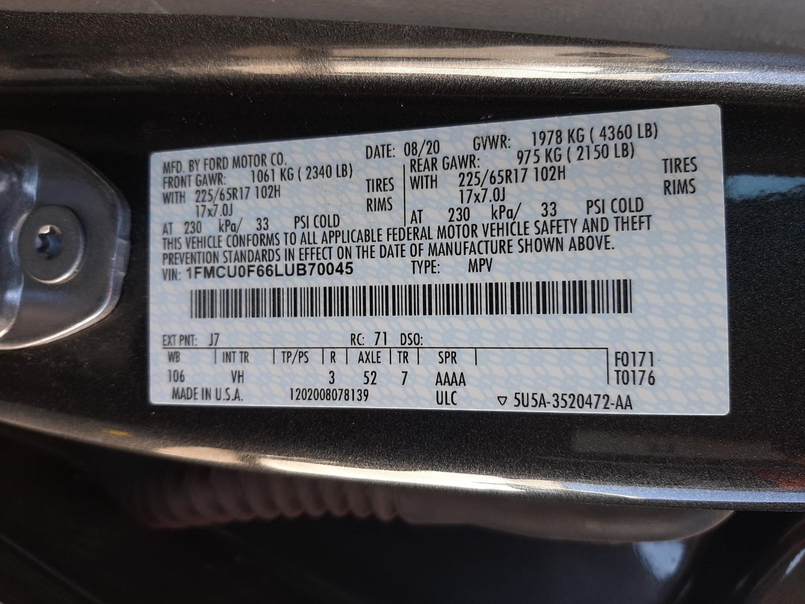 Photo 10 from auction – 2020 FORD ESCAPE S with VIN 1FMCU0F66LUB70045