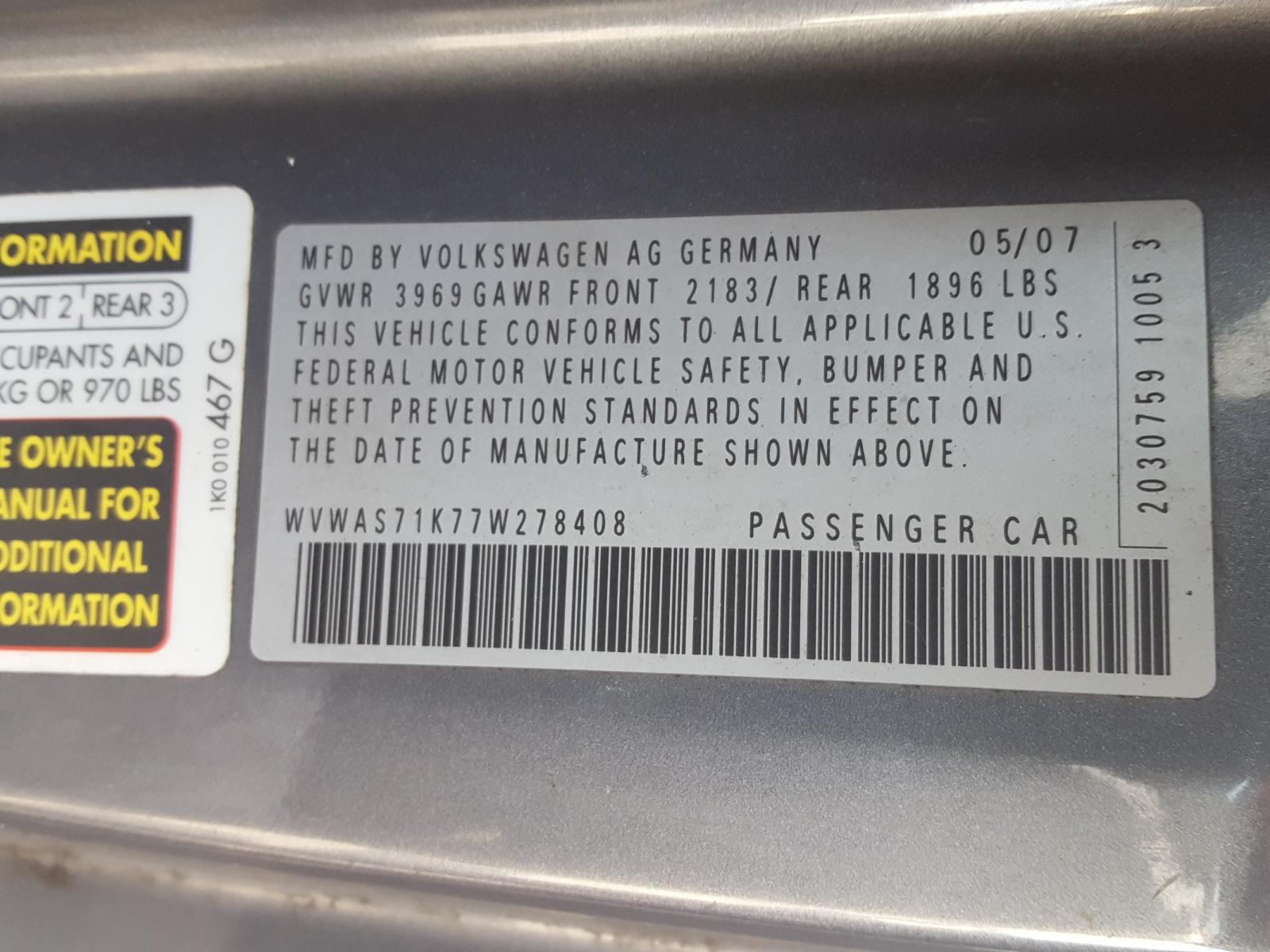 Photo 10 from auction – 2007 VOLKSWAGEN RABBIT with VIN WVWAS71K77W278408