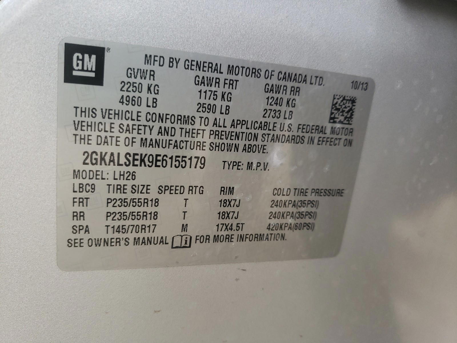 Photo 10 from auction – 2014 GMC TERRAIN SL with VIN 2GKALSEK9E6155179