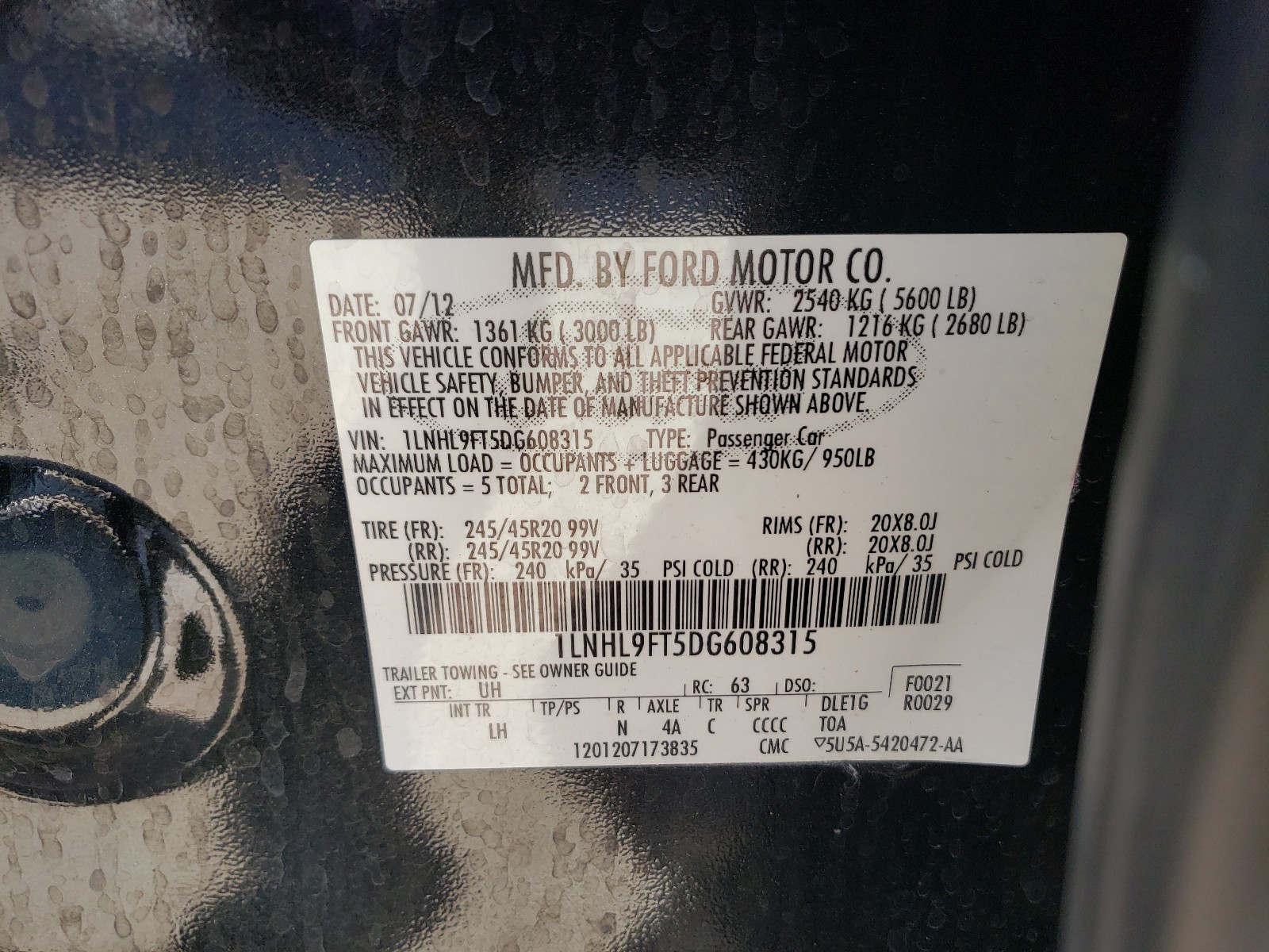Photo 10 from auction – 2013 LINCOLN MKS with VIN 1LNHL9FT5DG608315