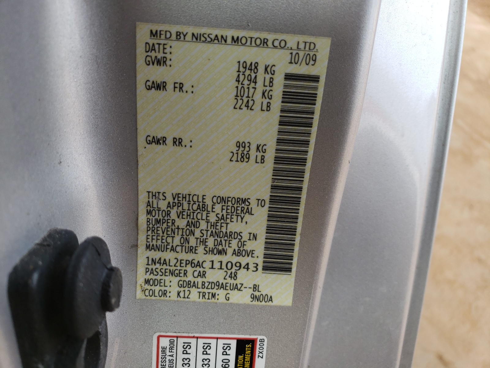 Photo 10 from auction – 2010 NISSAN ALTIMA S with VIN 1N4AL2EP6AC110943