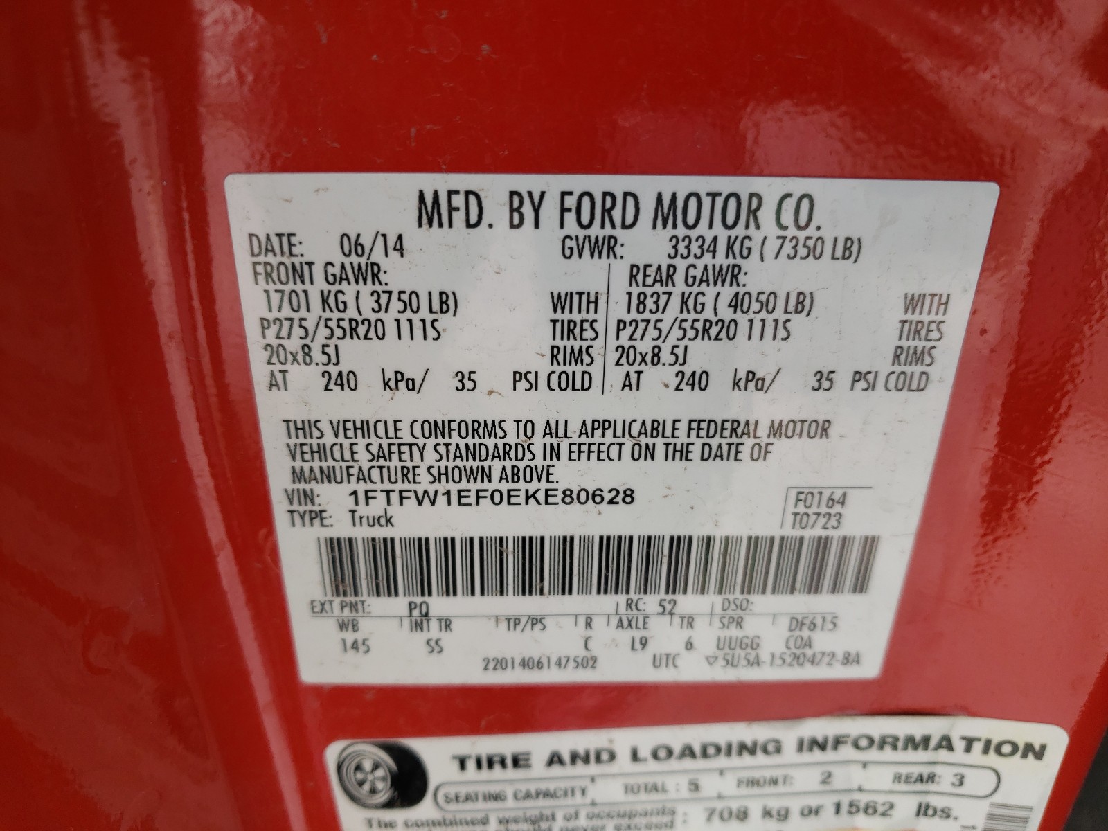 Photo 10 from auction – 2014 FORD F150 SUPER with VIN 1FTFW1EF0EKE80628