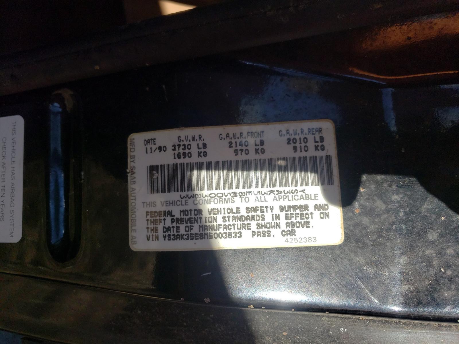 Photo 10 from auction – 1991 SAAB 900 BASE with VIN YS3AK35E8M5003833