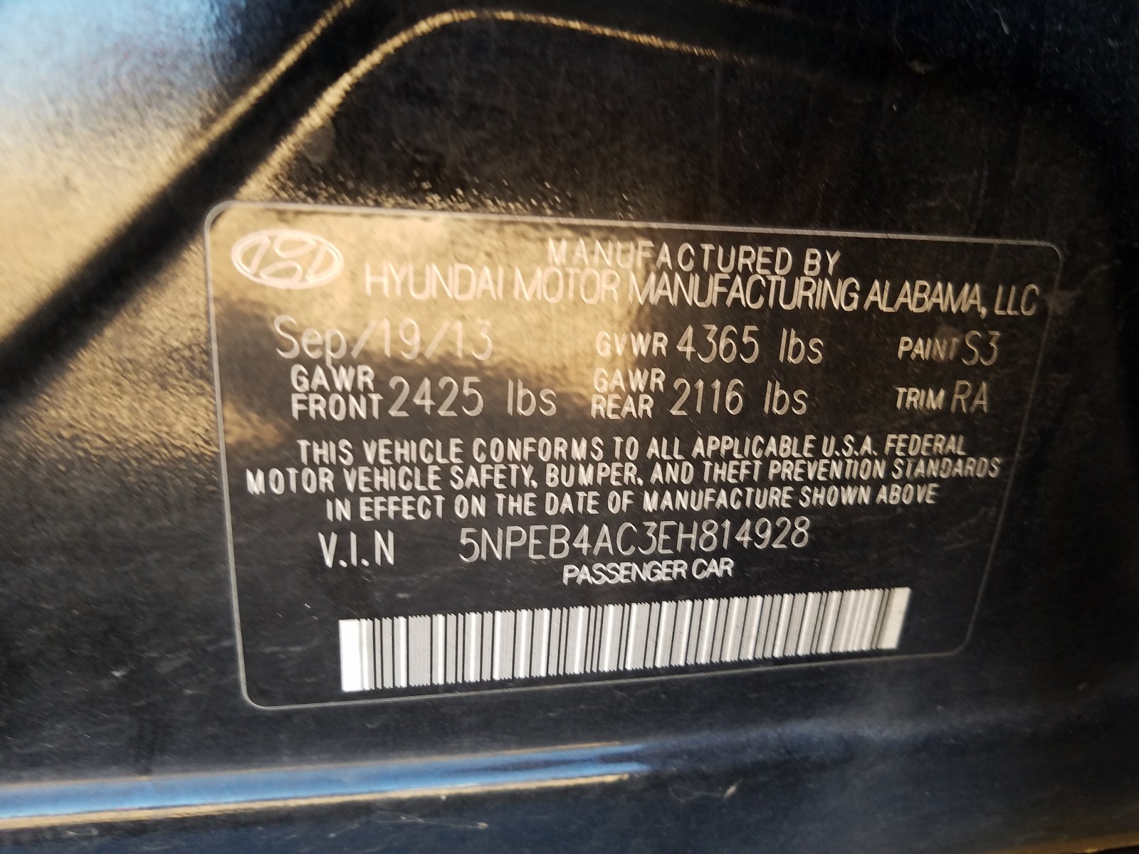 Photo 10 from auction – 2014 HYUNDAI SONATA GLS with VIN 5NPEB4AC3EH814928