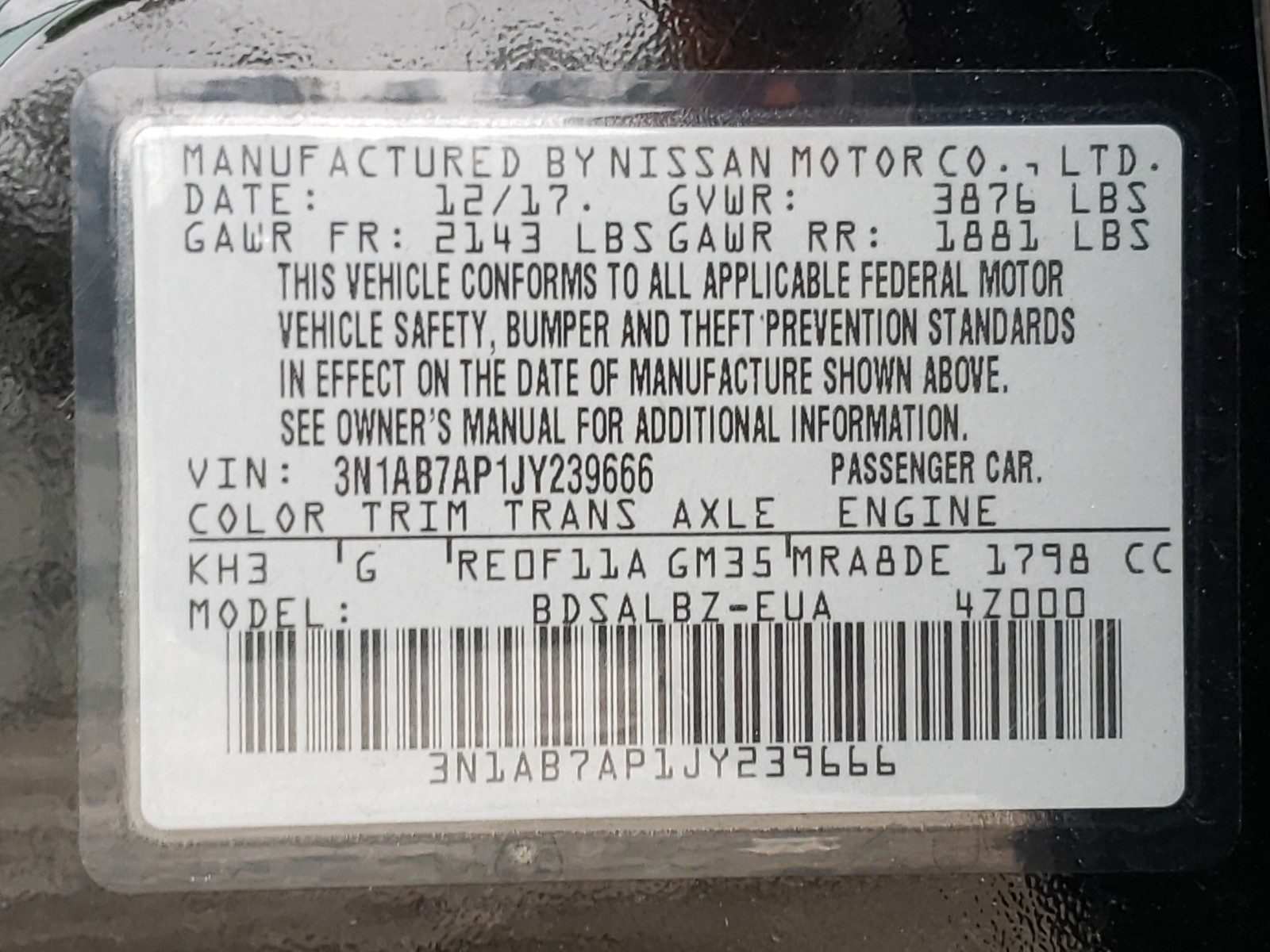 Photo 10 from auction – 2018 NISSAN SENTRA S with VIN 3N1AB7AP1JY239666