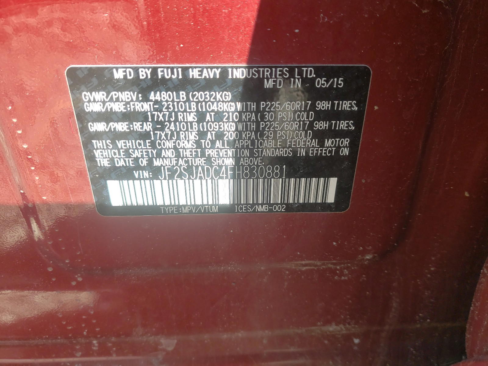 Photo 10 from auction – 2015 SUBARU FORESTER with VIN JF2SJADC4FH830881