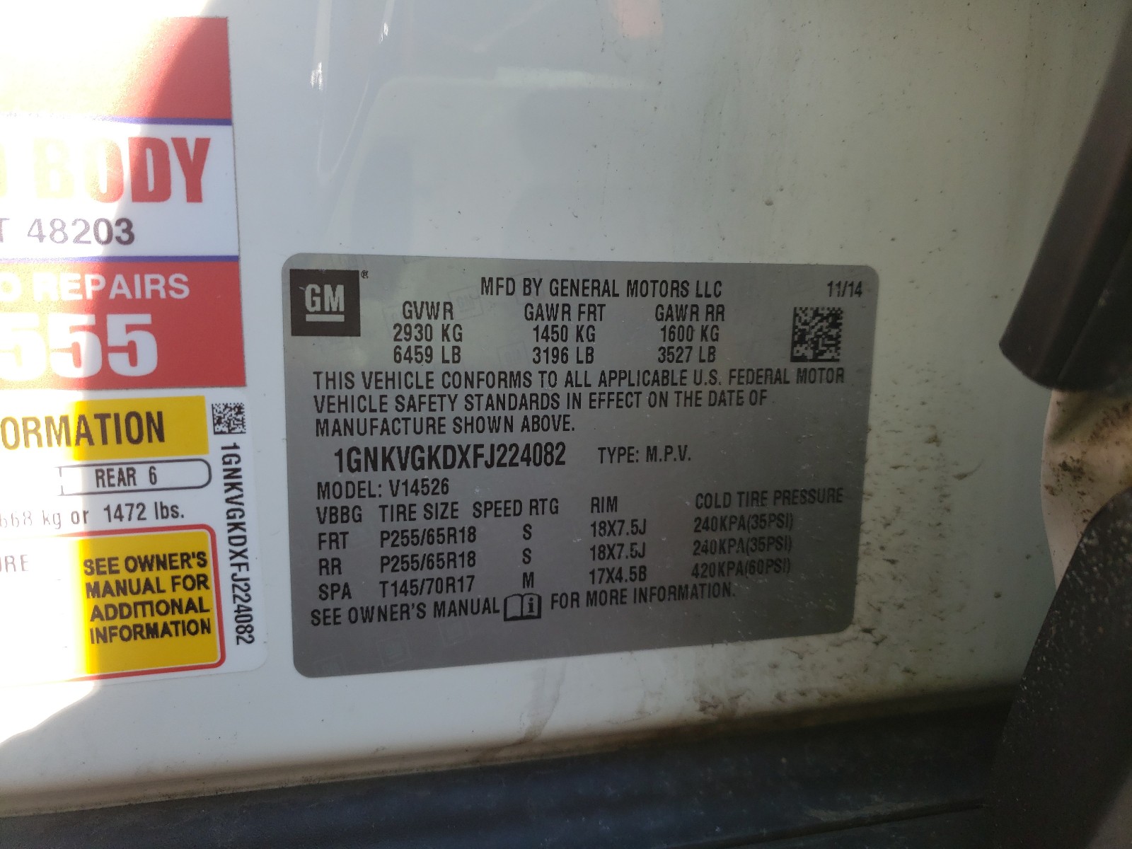 Photo 10 from auction – 2015 CHEVROLET TRAVERSE L with VIN 1GNKVGKDXFJ224082
