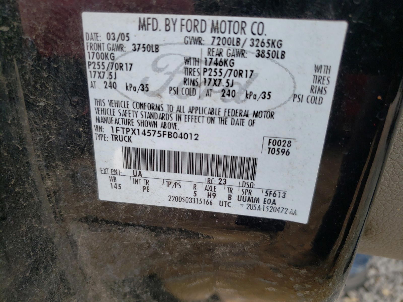 Photo 10 from auction – 2005 FORD F150 with VIN 1FTPX14575FB04012