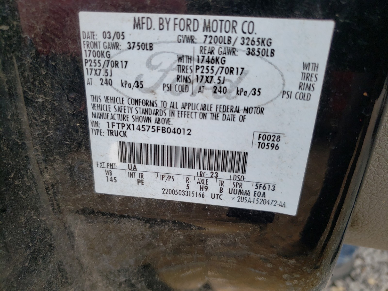 صورة رقم 10 من المزاد - 2005 FORD F150 مع VIN 1FTPX14575FB04012