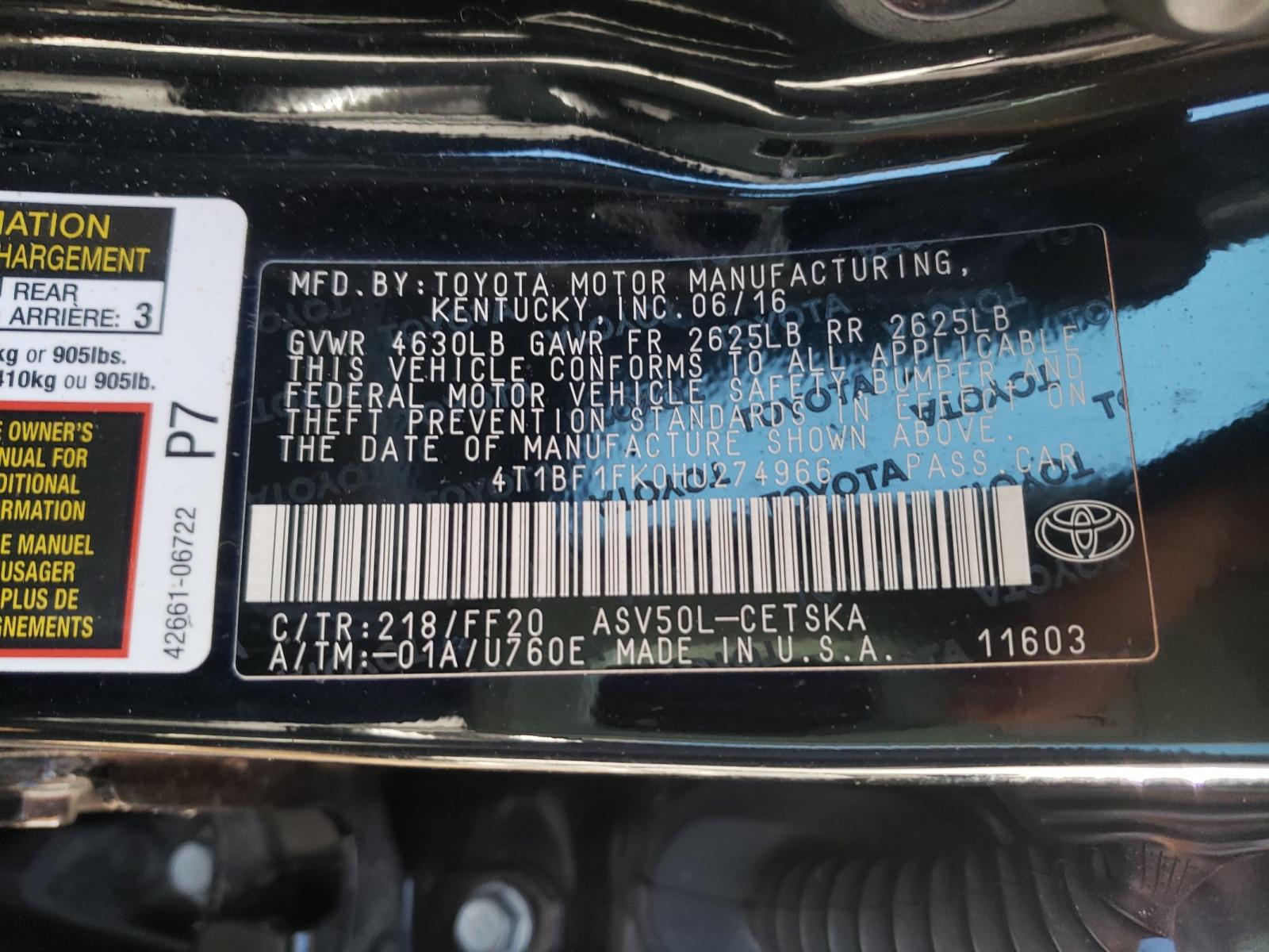 Photo 10 from auction – 2017 TOYOTA CAMRY LE with VIN 4T1BF1FK0HU274966