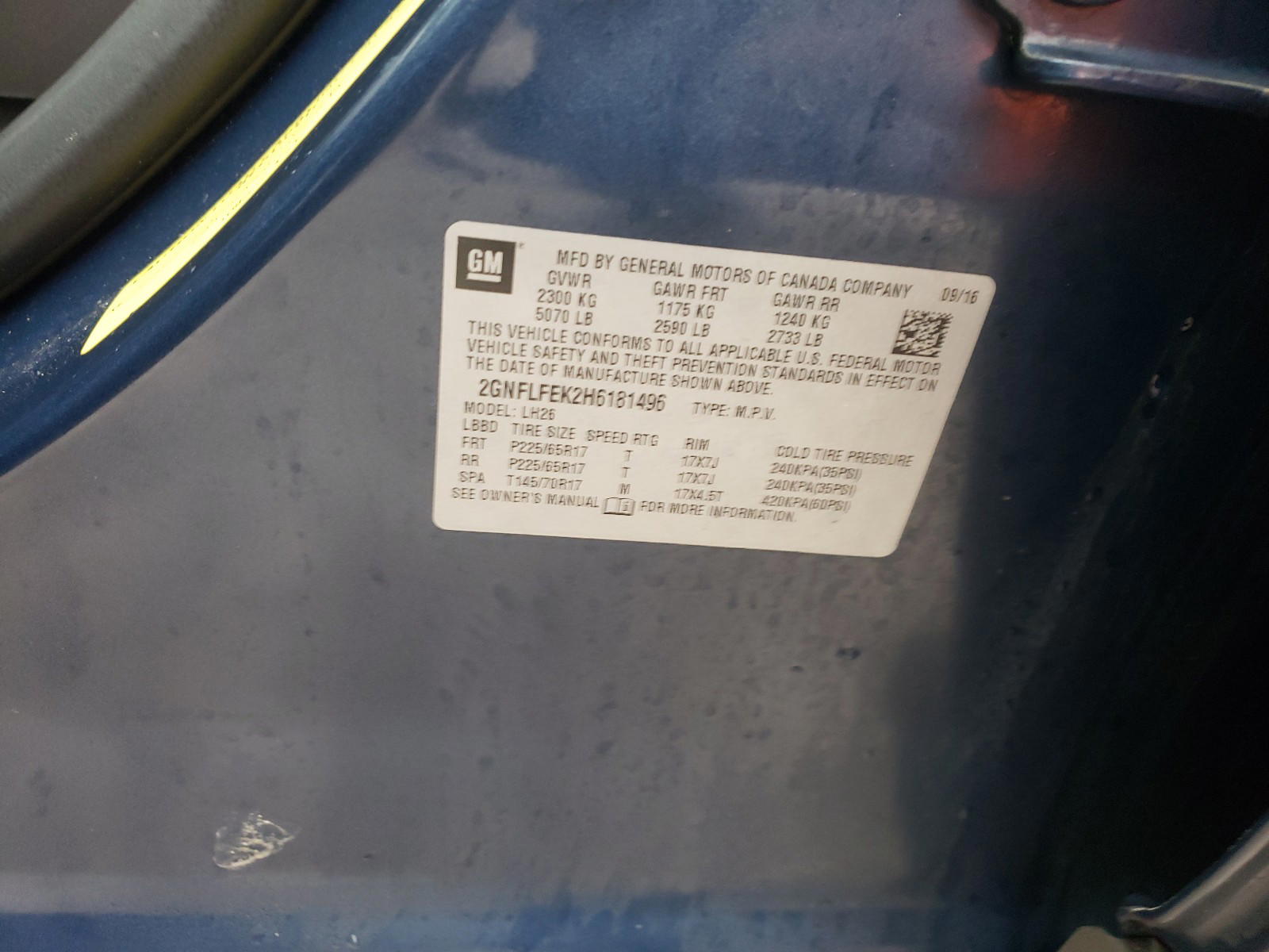 Photo 10 from auction – 2017 CHEVROLET EQUINOX LT with VIN 2GNFLFEK2H6181496